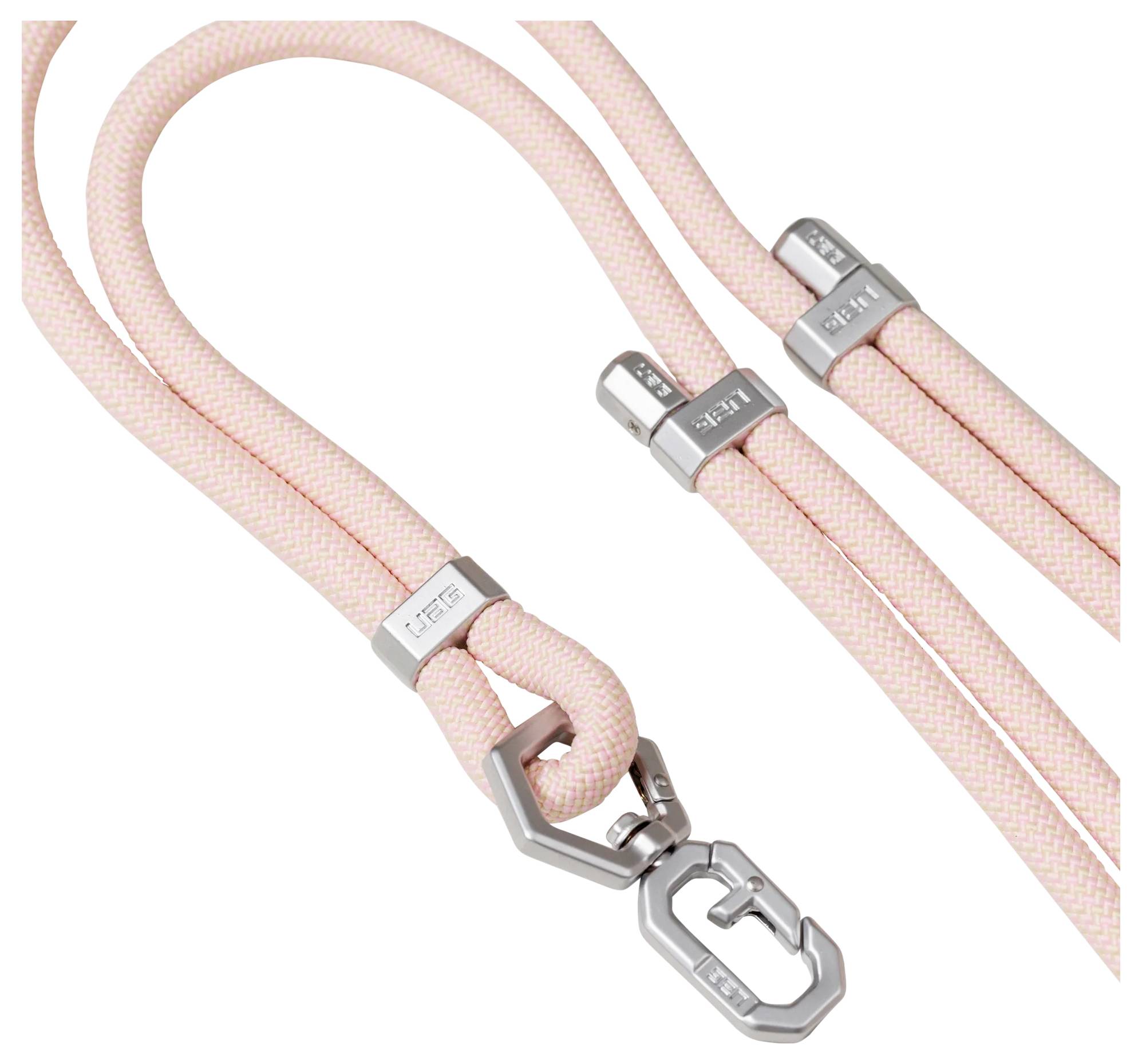 Eine rosa geflochtene Hundeleine mit silbernen Metallkarabinern und Markenbeschriftung, die aufgewickelt mit einem Verschluss zur sicheren Befestigung gezeigt wird.