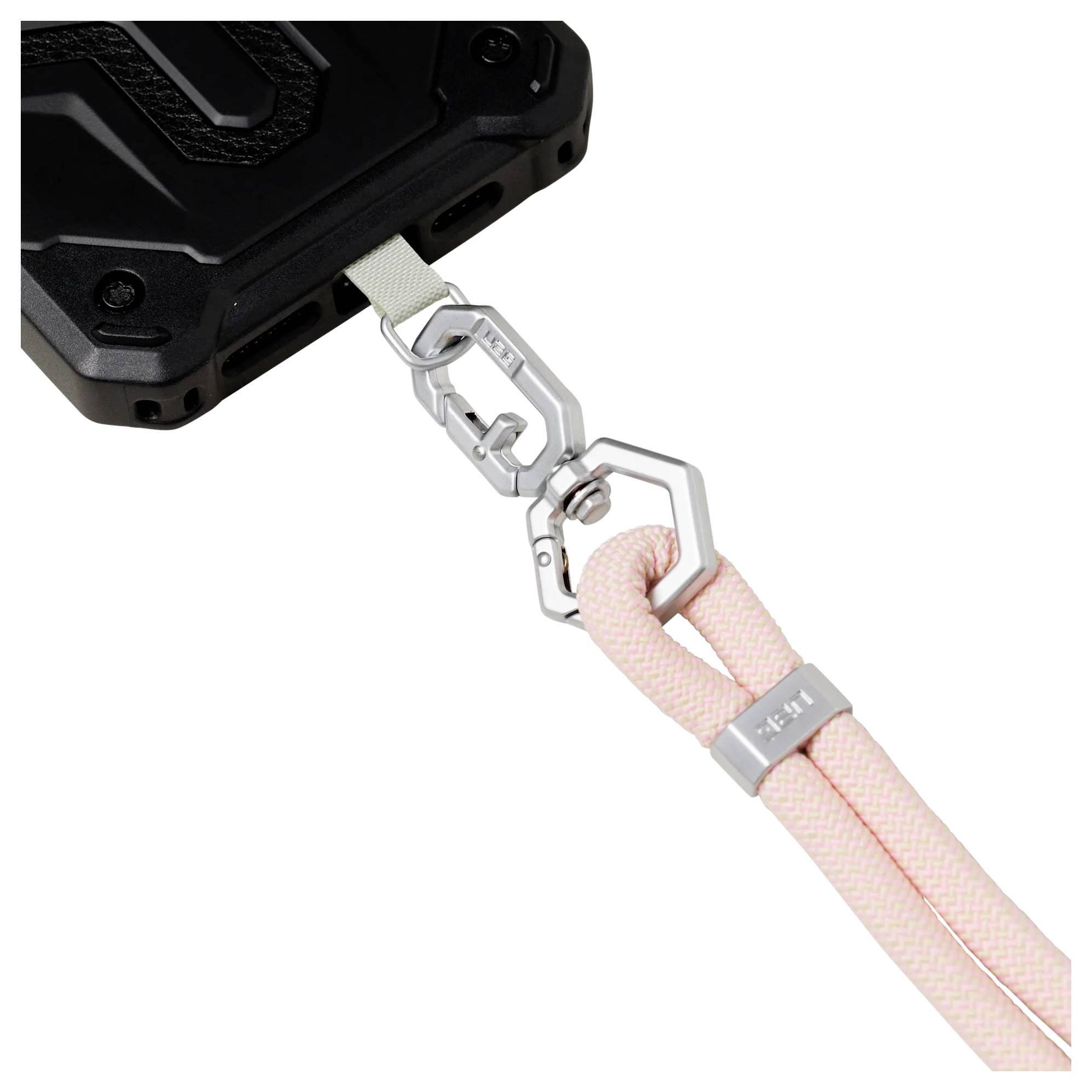 Eine Handyhülle, die an einem silbernen Clip und einem rosa Riemen befestigt ist.