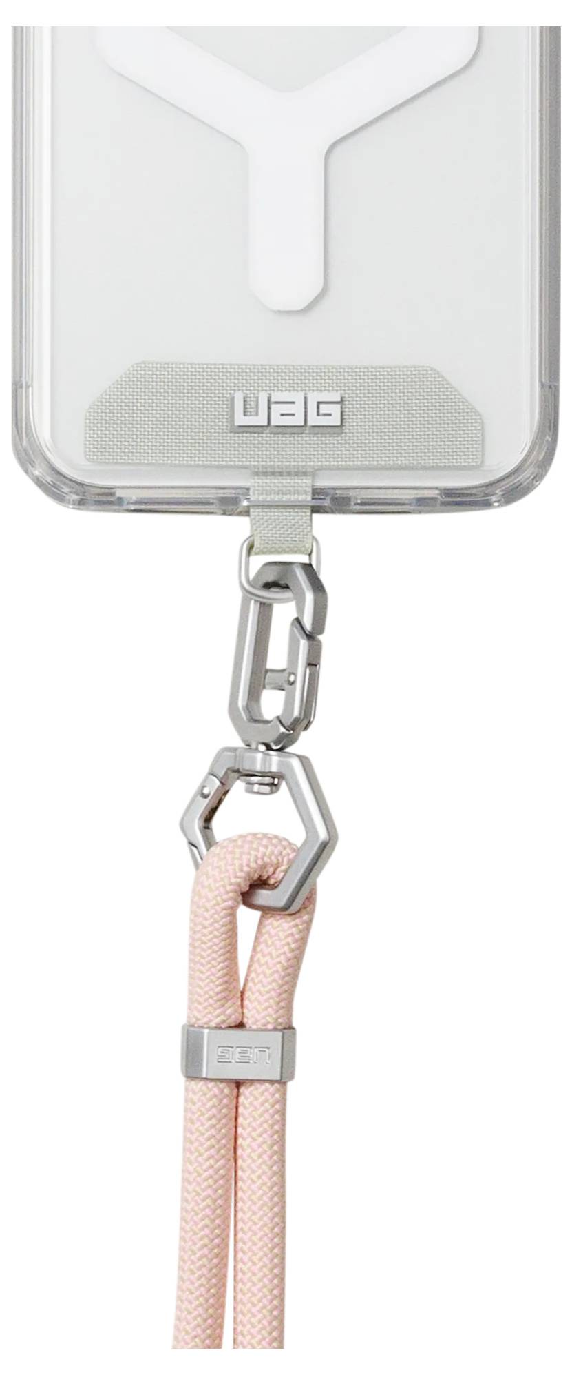 Eine Handyhülle mit einem rosa Trageband, ausgestattet mit einer Metallklemme und einem Logo mit der Aufschrift ‚UAG' am unteren Ende der Hülle.