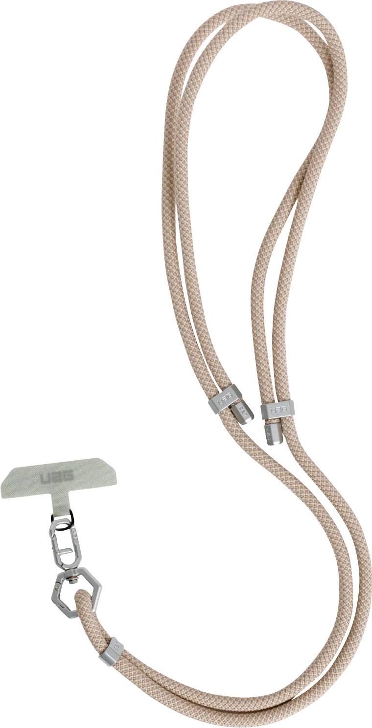 Eine beige geflochtene Umhängeschnur mit Metallclips und einem Markenetikett, geeignet zum Tragen von Identifikations- oder Zugangskarten.