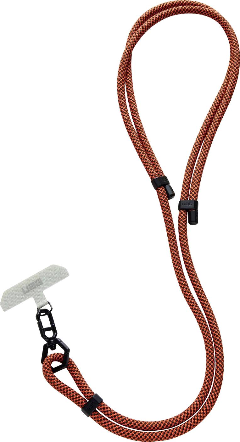 Orange-schwarzer geflochtener Handgelenkgurt mit einer Kunststoffklammer und einem rechteckigen Etikett mit der Aufschrift 