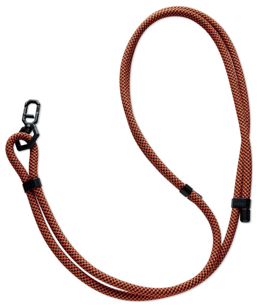 Eine rot-schwarze strukturierte Hundeleine mit Metallkarabiner, speziell für Haustiere entwickelt.