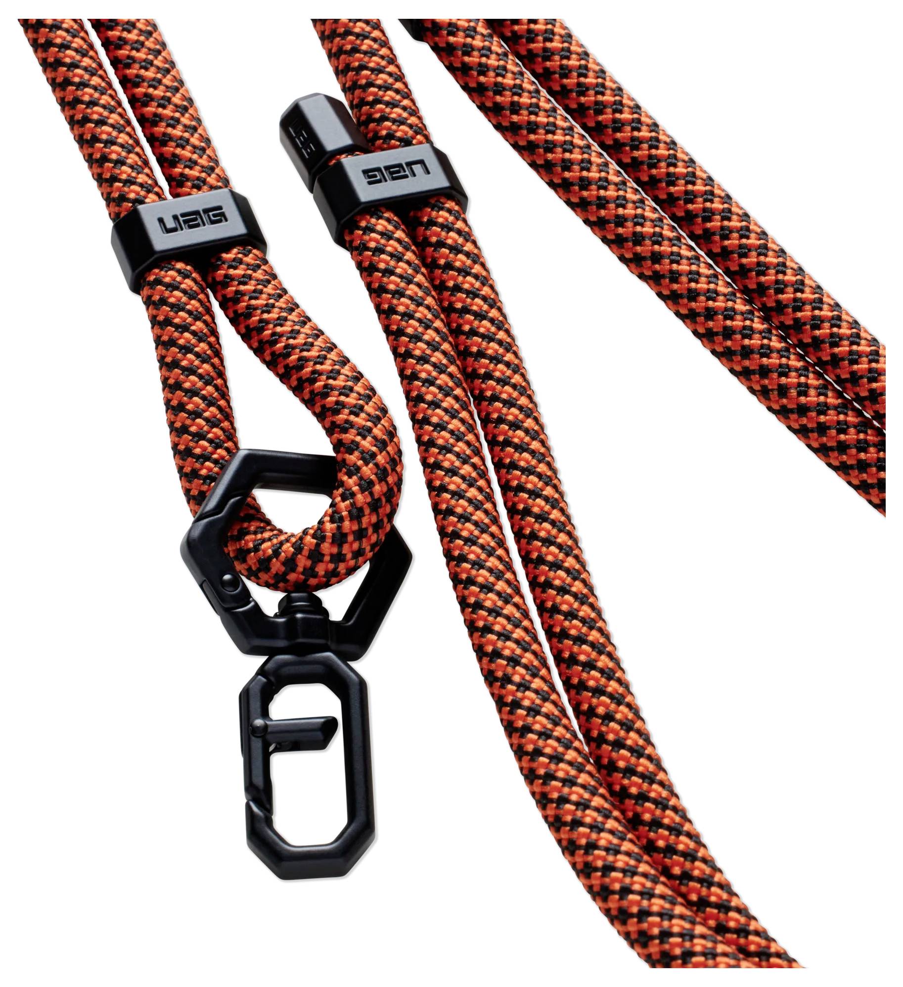 Orangefarbene und schwarze geflochtene Lanyard mit schwarzen Metallclips und 'UAG'-Branding an den Verbindern.