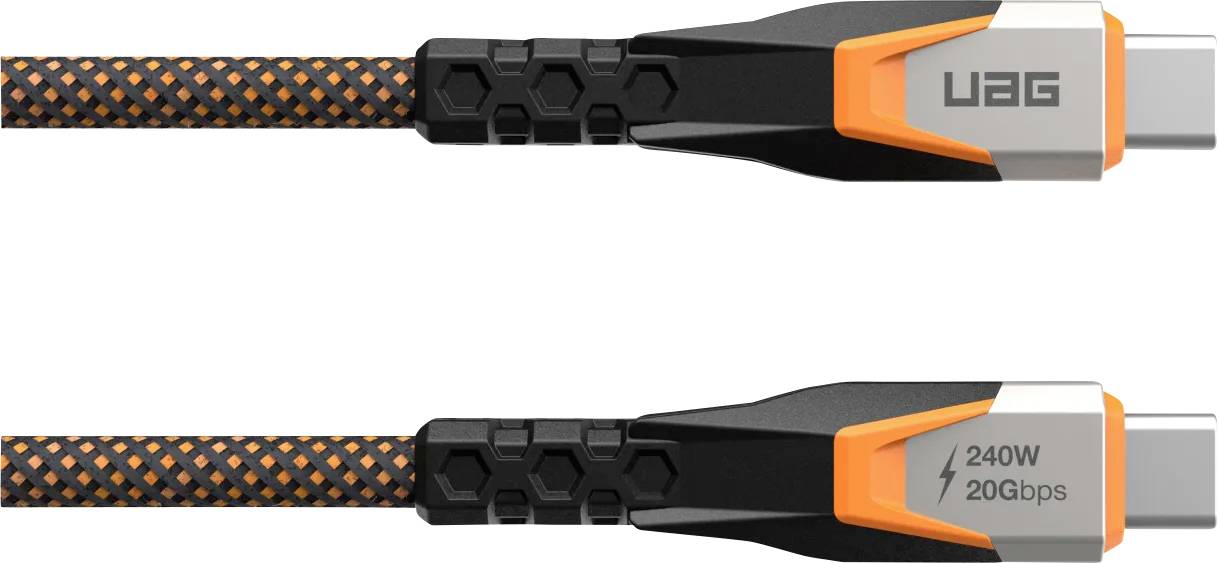 Ein geflochtenes USB-C-Kabel mit schwarzen und orangefarbenen Akzenten, beschriftet mit ‚UAG' und ‚240W 20Gbps', entwickelt für schnelles Laden und Datenübertragung.