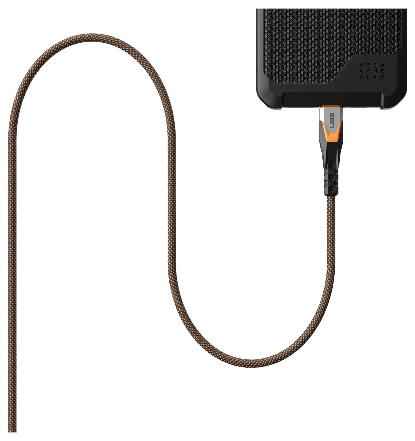 Ein spiralförmiges, geflochtenes Ladekabel verbindet sich mit einem Gerät und betont Haltbarkeit und Stil mit einem orangen Akzent in der Nähe des Anschlusspunkts.