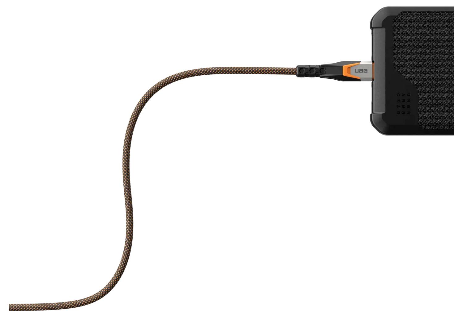 Ein geflochtenes Kabel verbindet sich mit einer rechteckigen schwarzen Festplatte und deutet auf Datenübertragung oder Aufladung hin.