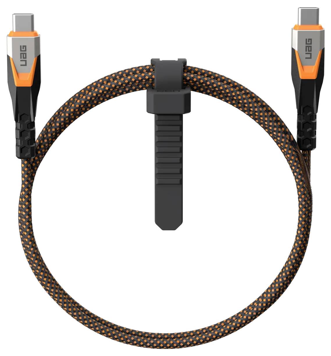 Ein geflochtenes Kabel mit USB-C-Anschlüssen an beiden Enden, mit orangefarbenen Akzenten und einem integrierten verstellbaren Riemen zur ordentlichen Aufbewahrung.