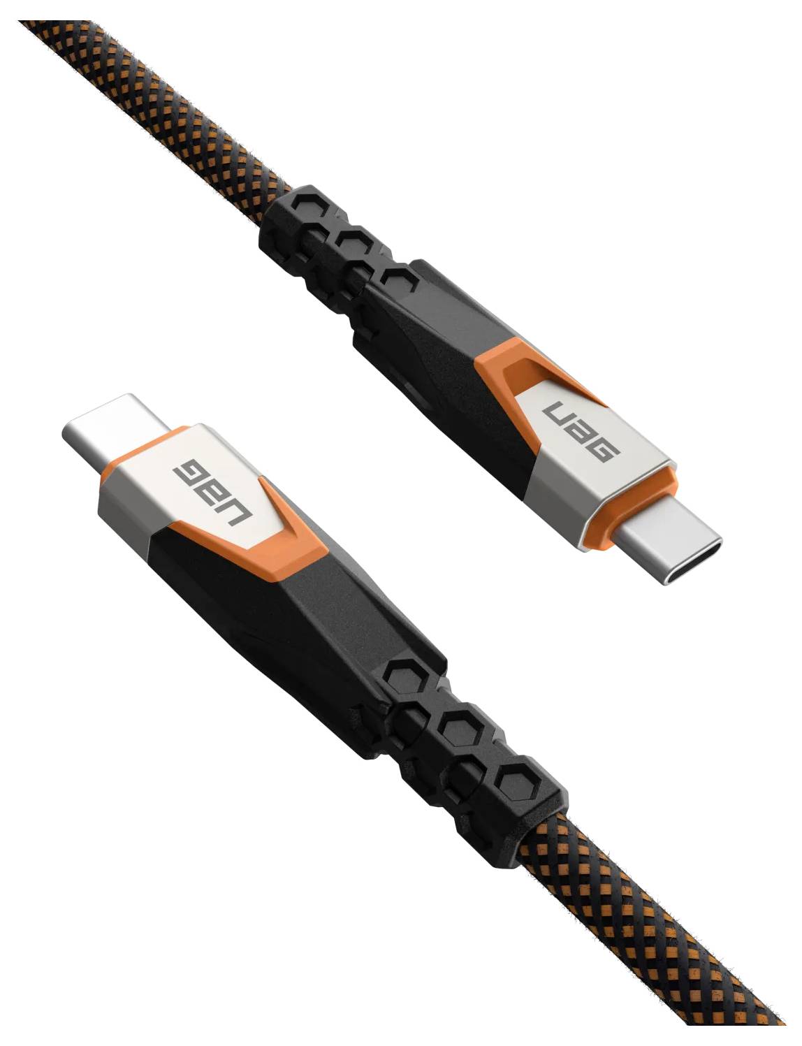 USB-C-Kabel mit verstärkten Anschlüssen und orangefarbener Nylon-Ummantelung in Schwarz für Haltbarkeit und Stil.
