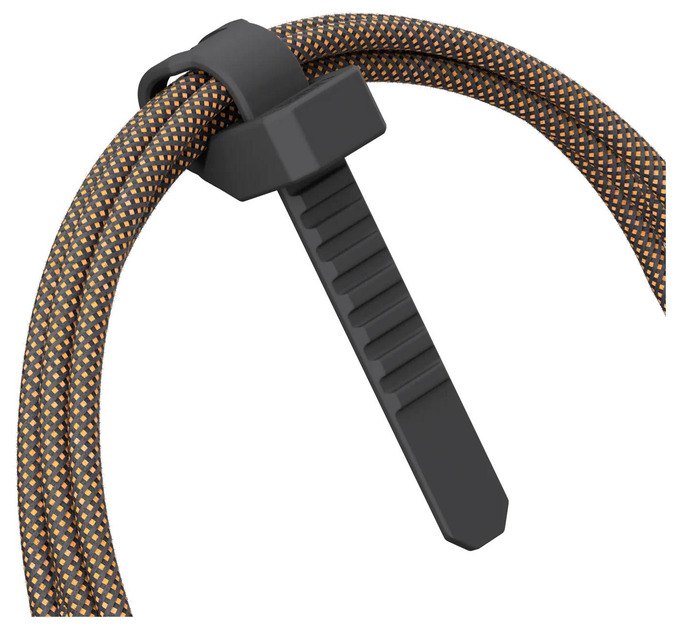 Ein schwarzes Kabelbinder sichert eine orangefarbene geflochtene Kabelschlaufe und veranschaulicht Kabelmanagement.
