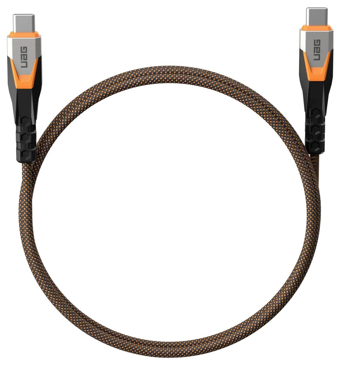 Ein geflochtenes USB-C-Kabel mit verstärkten Anschlüssen und orangefarbenen Akzenten.