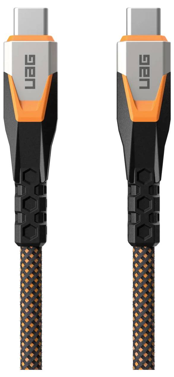Ein schwarzes und orangefarbenes Ladekabel mit Metallsteckern und geflochtener Optik. Die Stecker sind USB-C und mit dem Schriftzug 'UAG' gekennzeichnet.