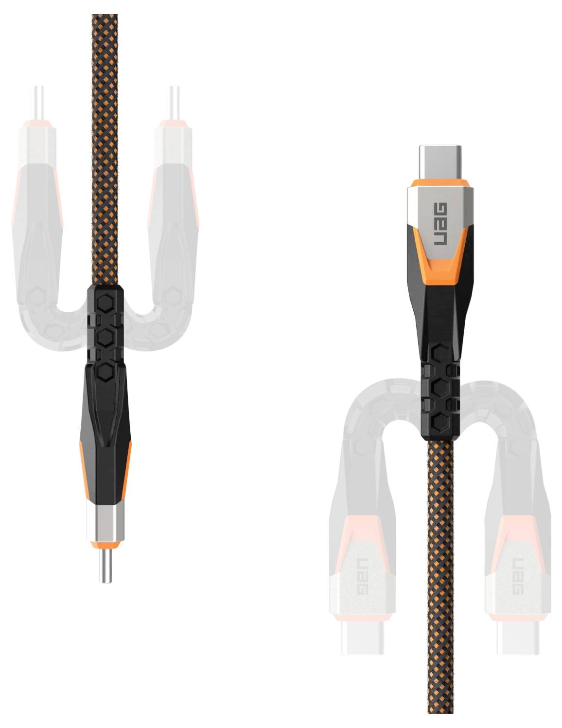 Ein robustes USB-C-Kabel mit schwarz und orangefarbenen Akzenten, das ein strapazierfähiges geflochtenes Design und verstärkte Anschlüsse aufweist und sich für Laden und Datenübertragung eignet.