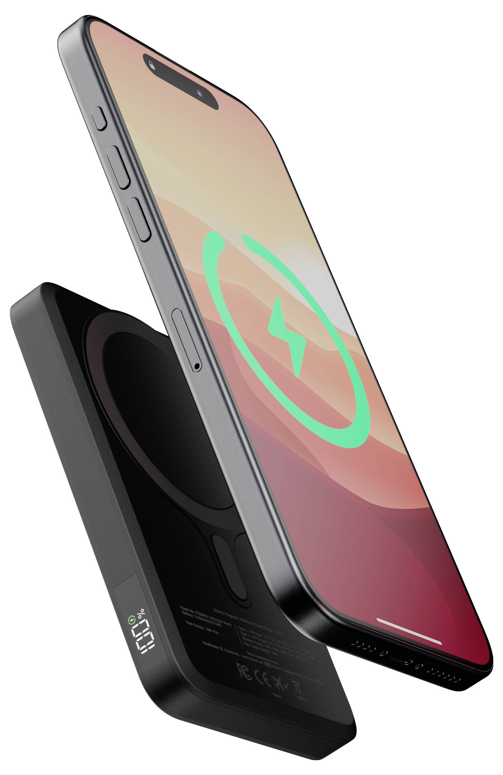 iPhone mit Drahtlos-Ladungssymbol, der eine Ladung im Gange mit einer MagSafe-Batterieverpackung darunter anzeigt.