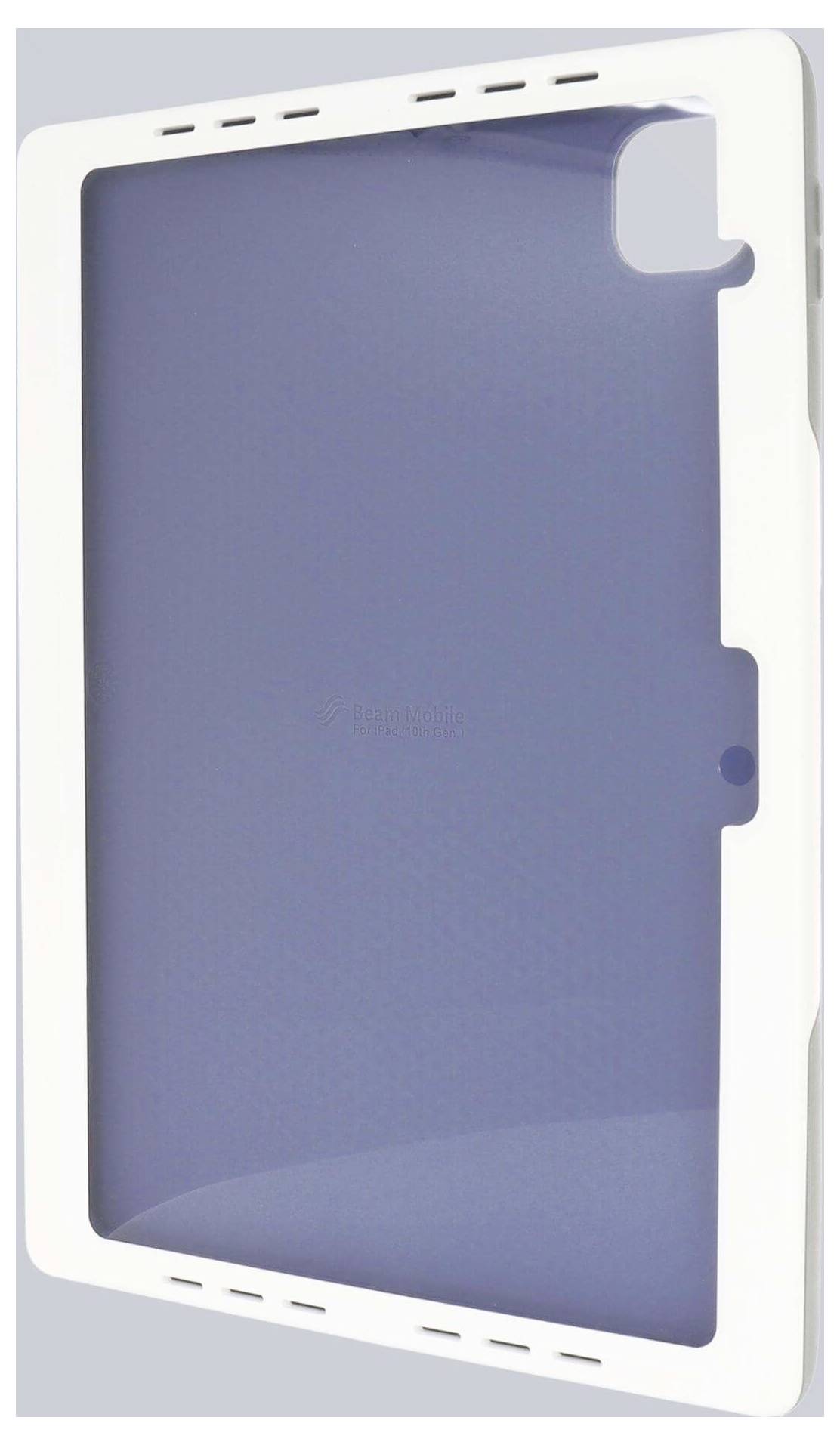 Ein weißes Tablettgehäuse mit einer großen Aussparung für den Bildschirm und einem Loch für die Rückkamera, das so konzipiert ist, dass es sich eng um das Gerät schmiegt.