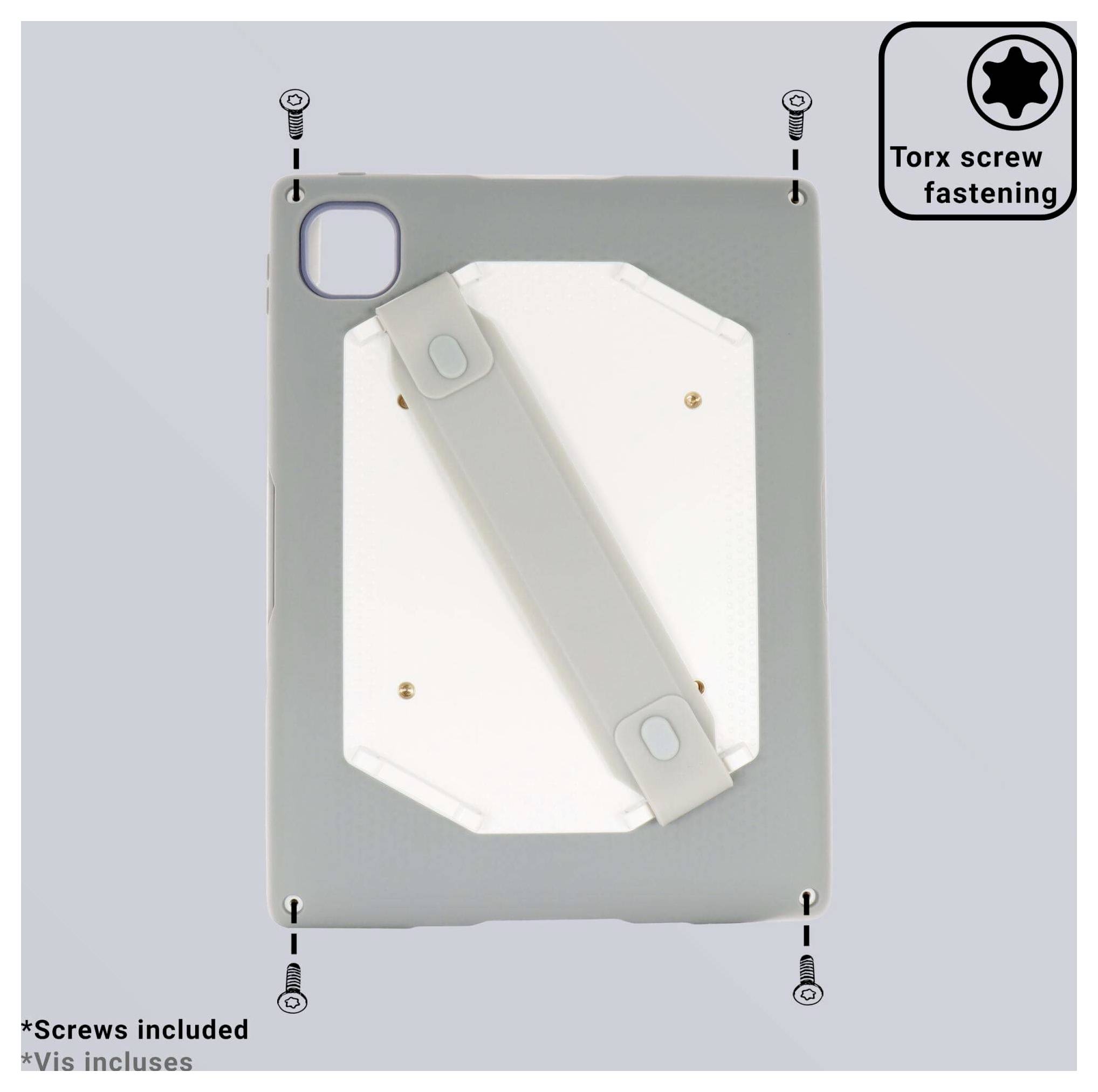 Rückansicht eines Gerätegehäuses mit einem diagonal angebrachten Riemen. Torx-Schraubenbefestigung angezeigt. Hinweis: Schrauben im Lieferumfang enthalten.'