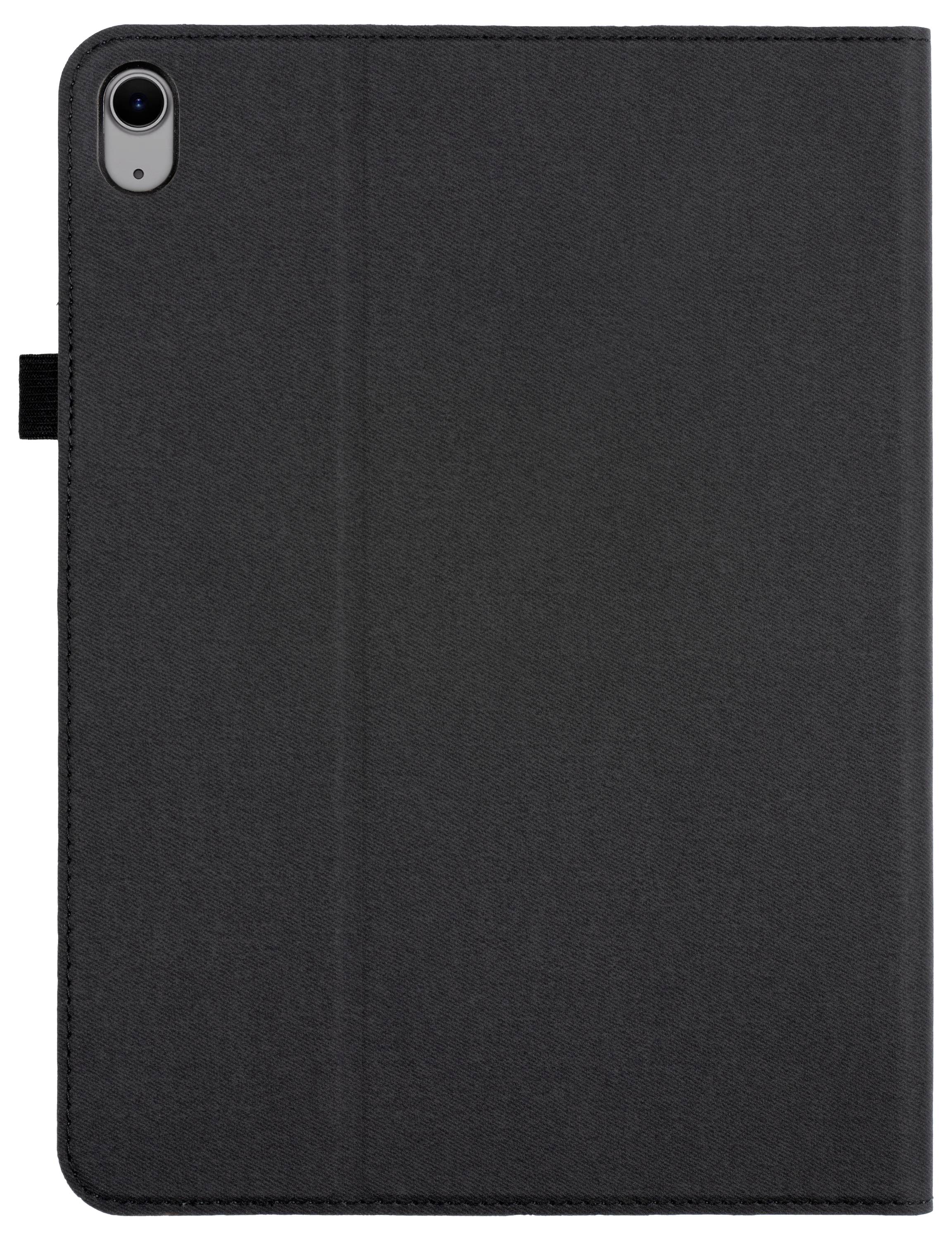 Ein schwarzes Tablet-Gehäuse mit einer Kameraausparung in der oberen linken Ecke wird aufrecht stehend gezeigt, entwickelt, um ein Tablet-Gerät zu passen und zu schützen.