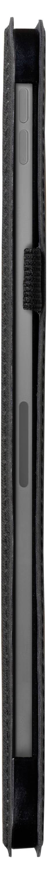 Ein schlankes, rechteckiges Objekt in einem schwarzen Etui mit sichtbaren Nähten und einem Riemen in der Mitte, möglicherweise ein technisches Gerät oder Zubehör.