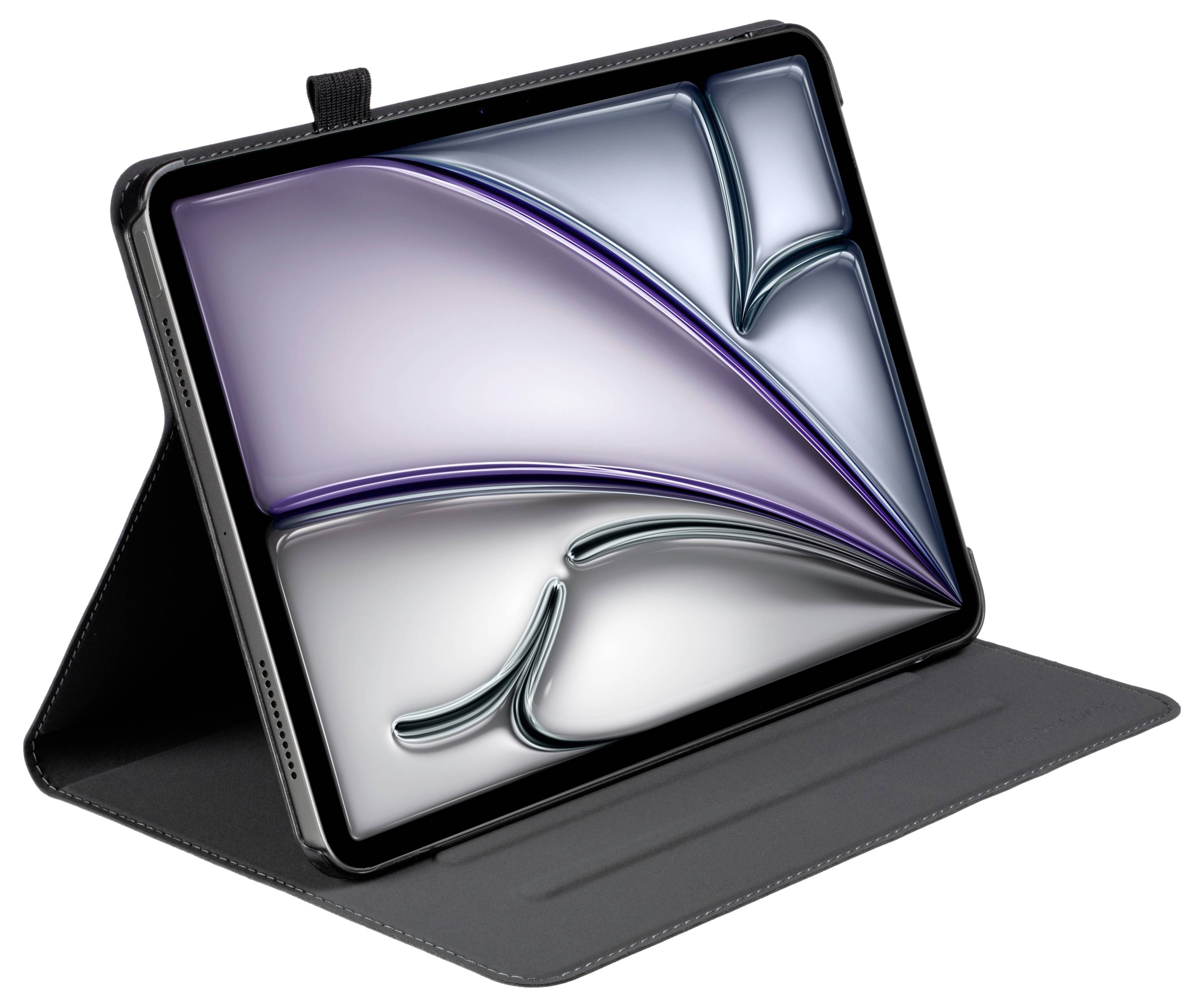 Ein Tablet in einem schwarzen Etui, das abstrakte geometrische Formen auf dem Bildschirm zeigt und künstlerische oder gestalterische Nutzung andeutet.