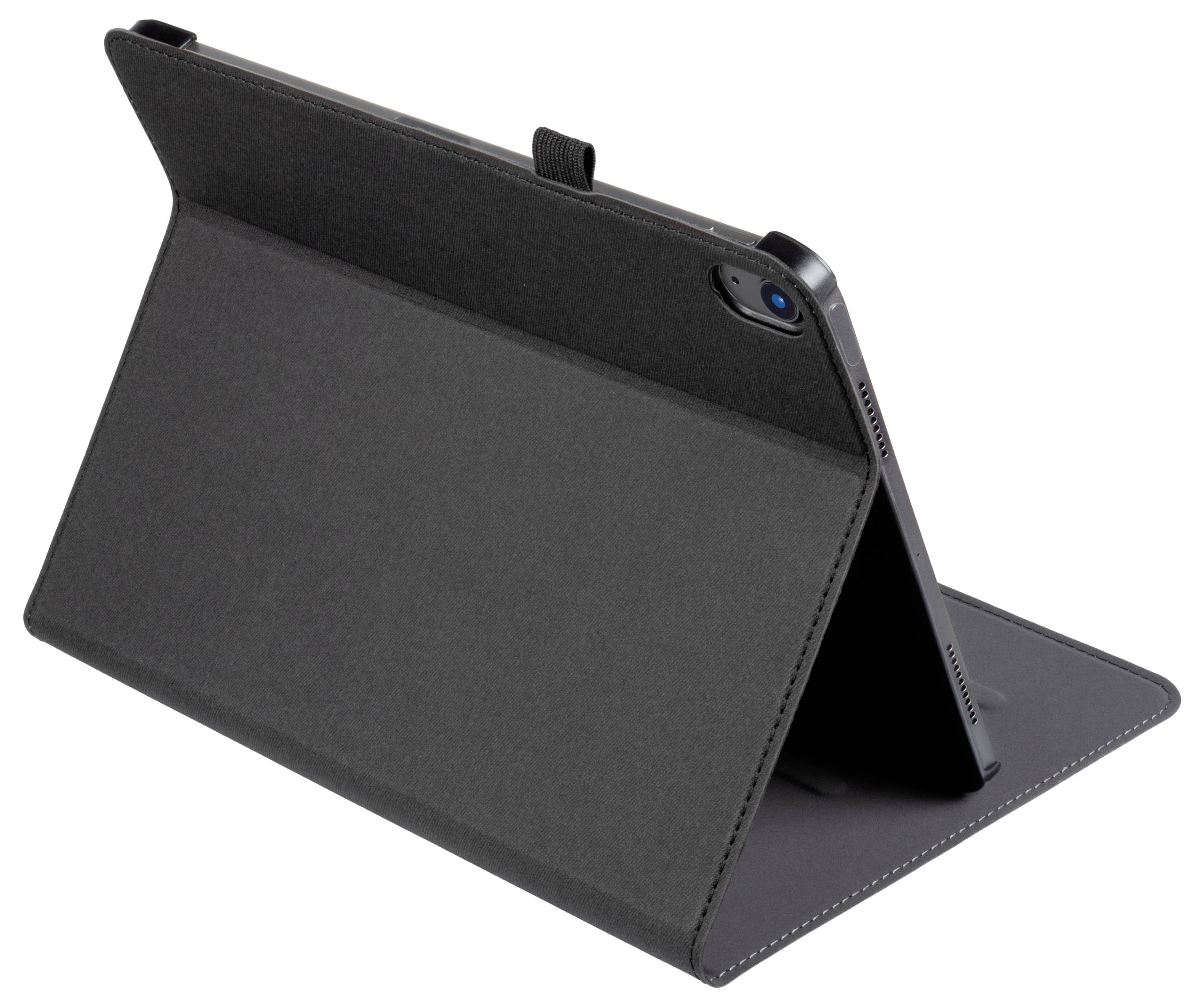 Ein Tablet in einem schwarzen Klappständer, aufrecht positioniert. Der Ständer bedeckt die Rückseite des Geräts und gibt die Kamera und Bildschirmränder frei.