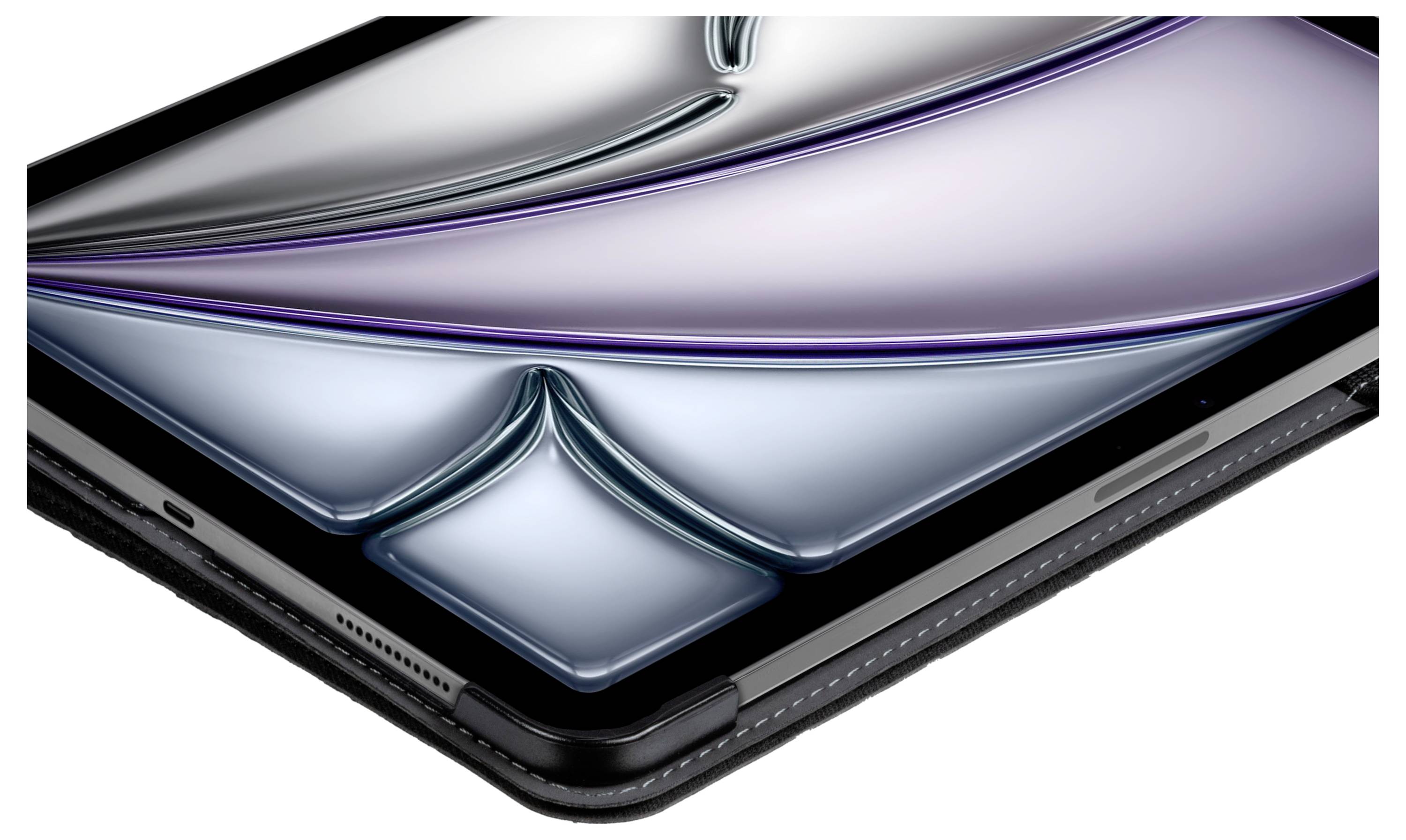 Eine Nahaufnahme eines schlanken, schwarzen Tablets mit glatten, reflektierenden Oberflächen und abgerundeten Kanten, die sein schlankes Design und moderne Ästhetik hervorheben.