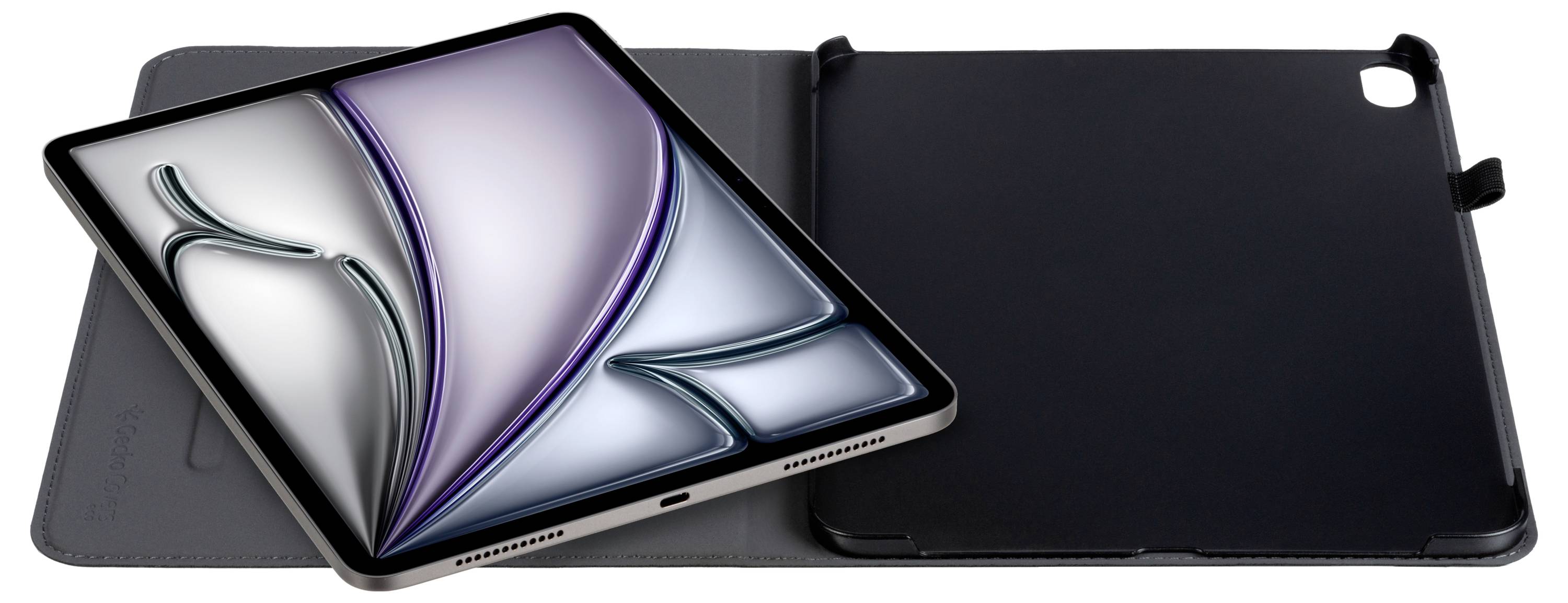 Ein Tablet mit einer bunten abstrakten Anzeige ist teilweise in einem schwarzen Schutzgehäuse geschlossen und präsentiert damit sein elegantes Design.