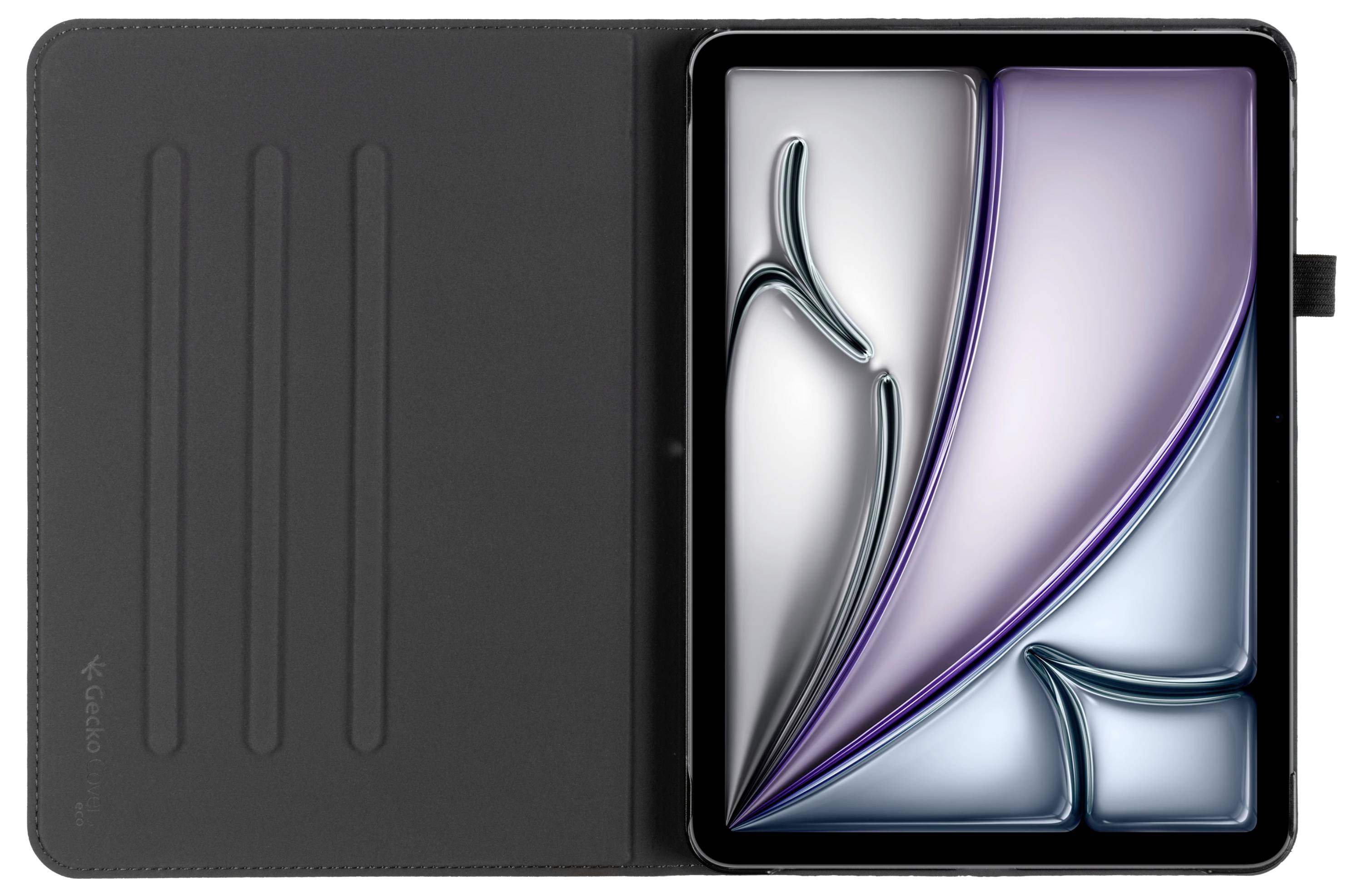 Ein Tablet mit einem künstlerischen, abstrakten Design auf dem Bildschirm, das weiche Kurven und Farbverläufe in Violett- und Grautönen zeigt.