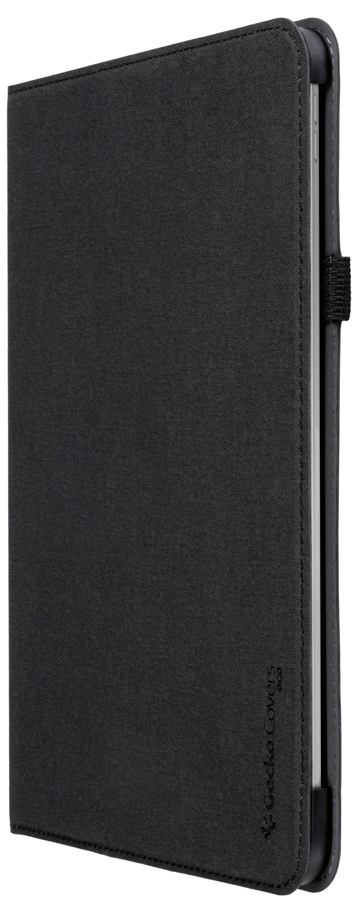 Eine elegante schwarze Tablet-Hülle mit einer strukturierten Stoffabdeckung und einem Stifthalter an der Seite.