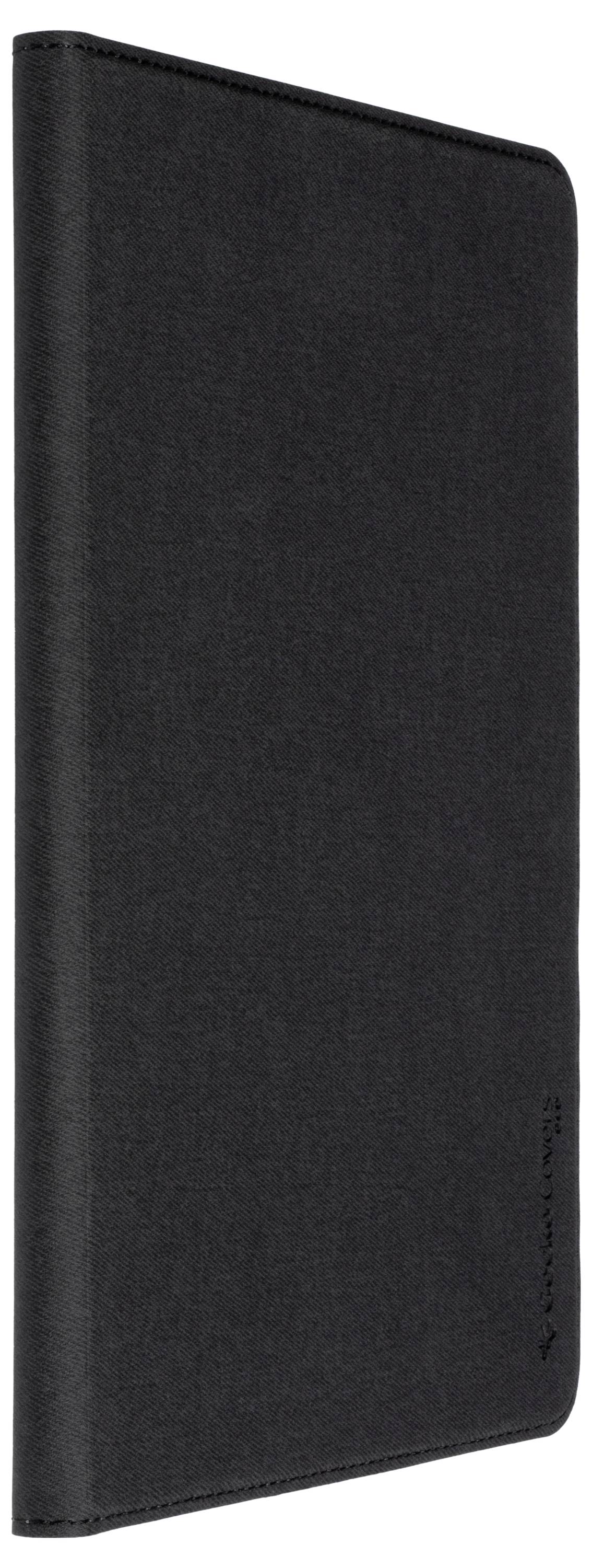 Ein schwarzer, schlanker, geschlossener Bucheinband oder Tablet-Hülle, von der Seite betrachtet, mit glatter Textur und minimalistischem Design.