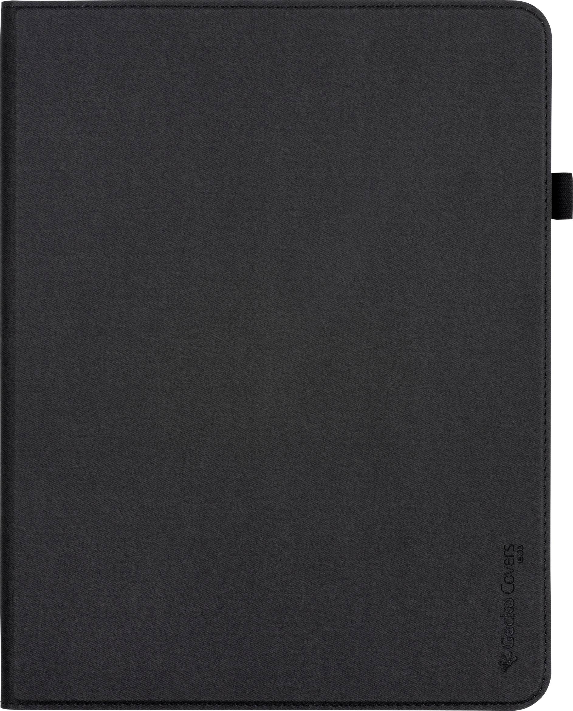 Eine schwarze Smart Cover für elektronische Geräte mit einem einfachen, eleganten Design, die eine kleine elastische Schlaufe am rechten Rand aufweist.