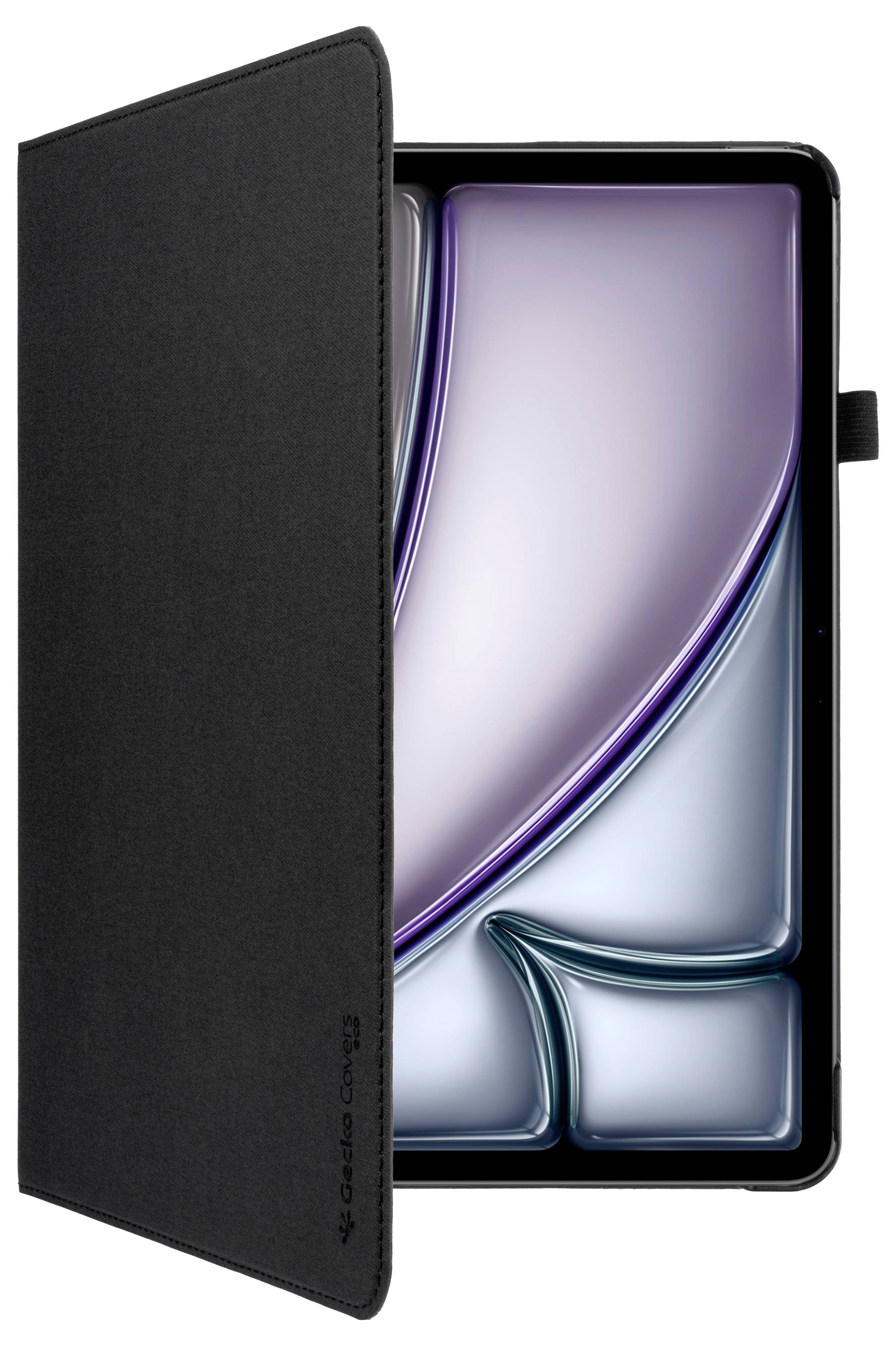 Ein Tablet ist teilweise mit einer schwarzen Hülle bedeckt und zeigt einen bunten Bildschirm mit abstrakten, geschwungenen Linien und Farbverläufen.