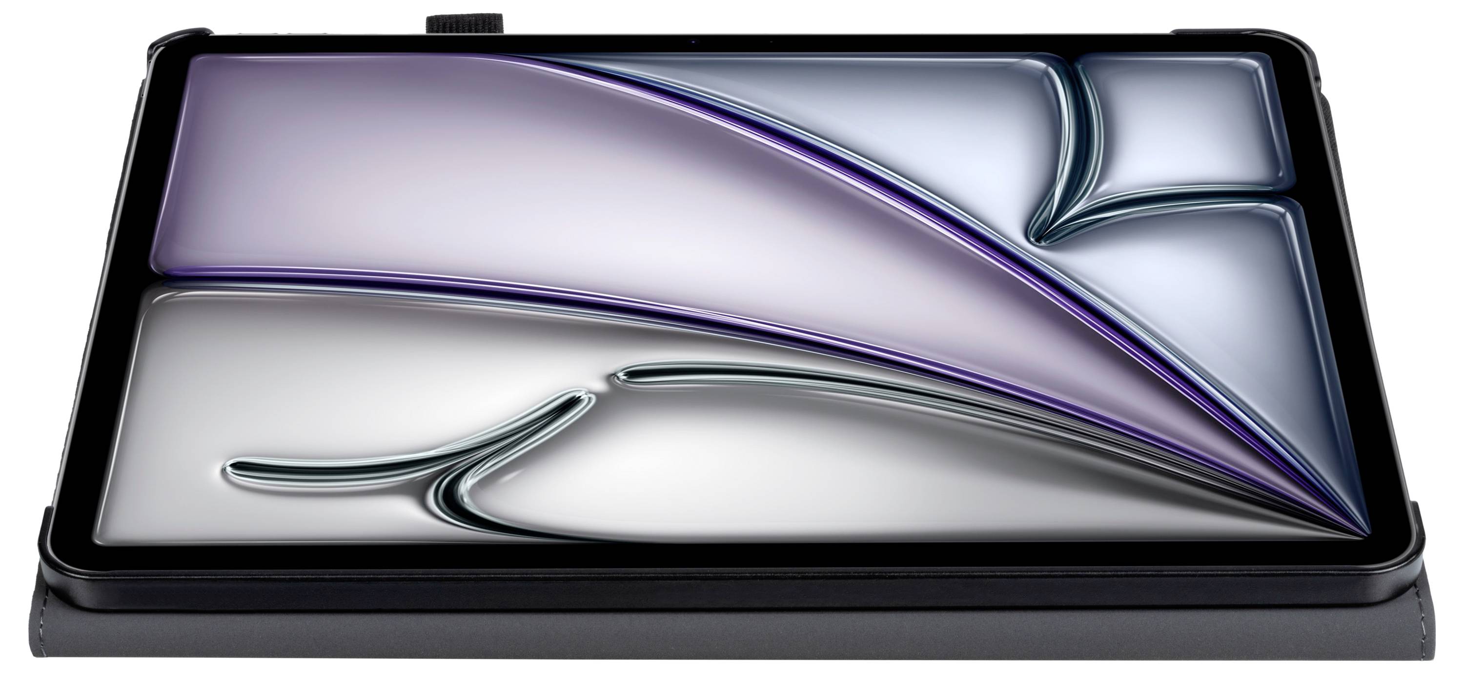 Abstraktes digitales Kunstwerk in einem rechteckigen Rahmen mit fließenden, geschwungenen Linien in Schattierungen von Lila, Grau und Schwarz, die Bewegung und Tiefe andeuten.