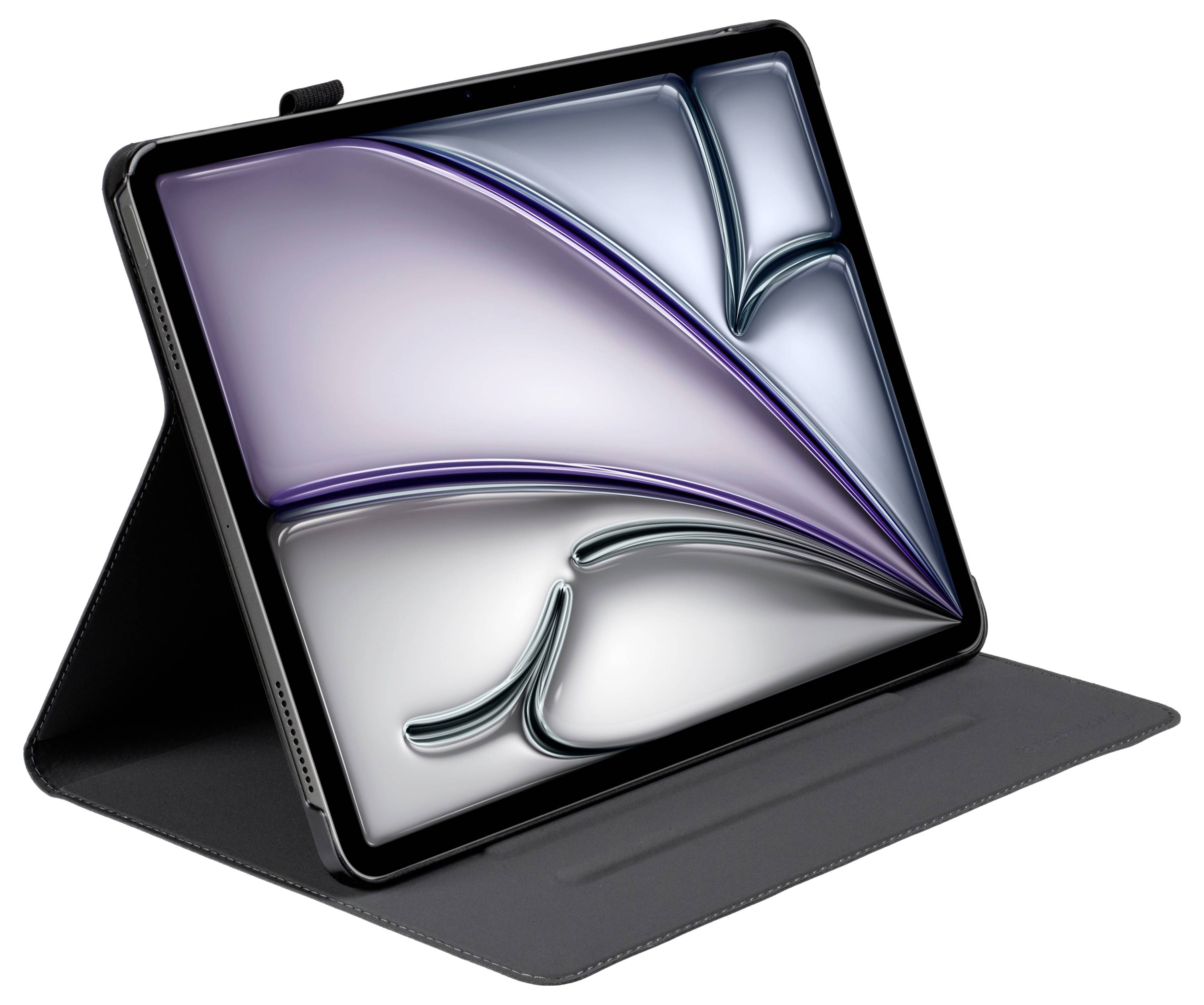 Ein Tablet in einem schwarzen Gehäuse, das ein abstraktes Design mit geschwungenen Linien und Farbverläufen zeigt.