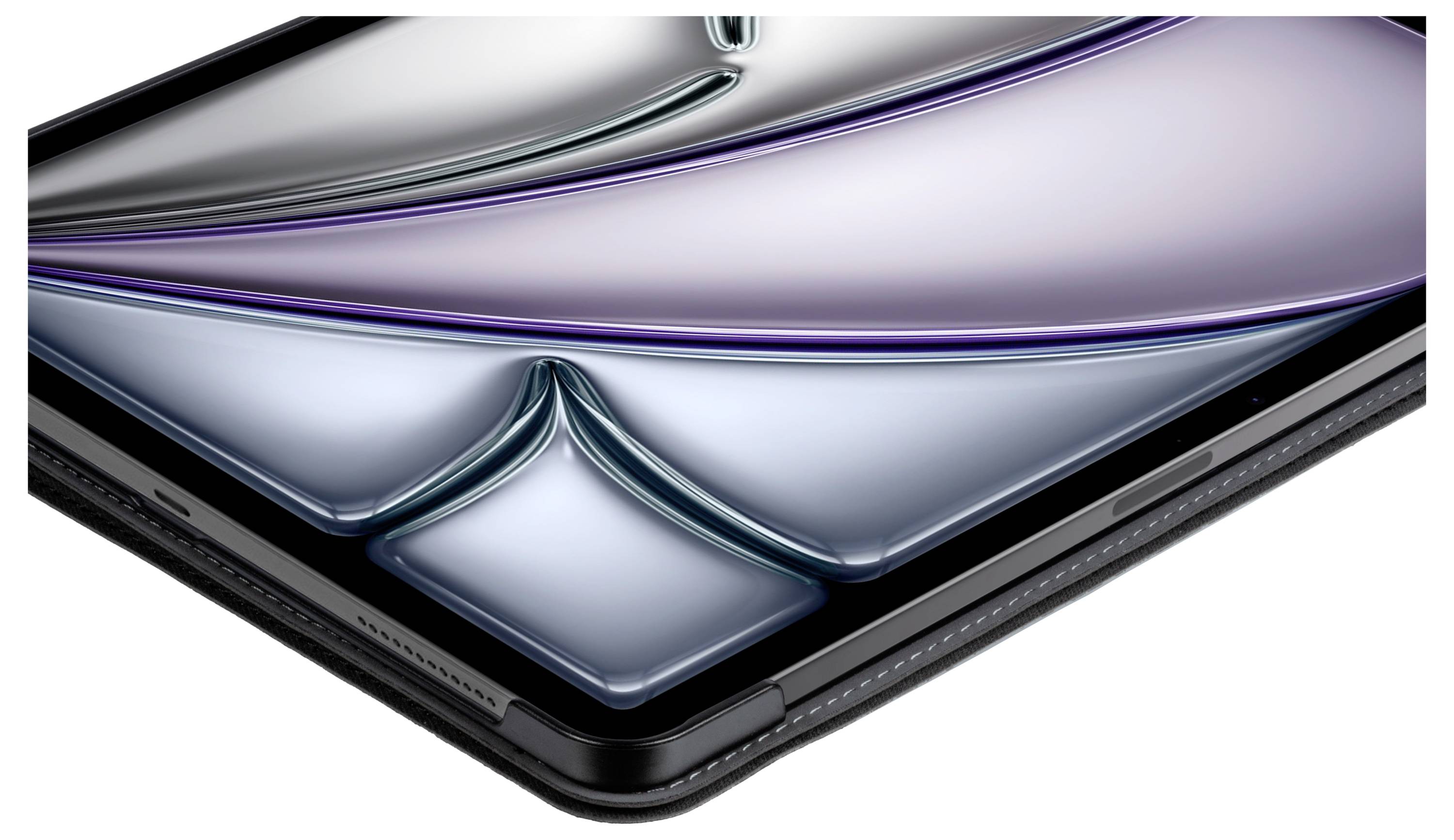 Eine Nahaufnahme der Ecke eines elektronischen Geräts, die ein abstraktes, metallisches Design auf seinem Bildschirm mit Nuancen von Silber und Lila zeigt.
