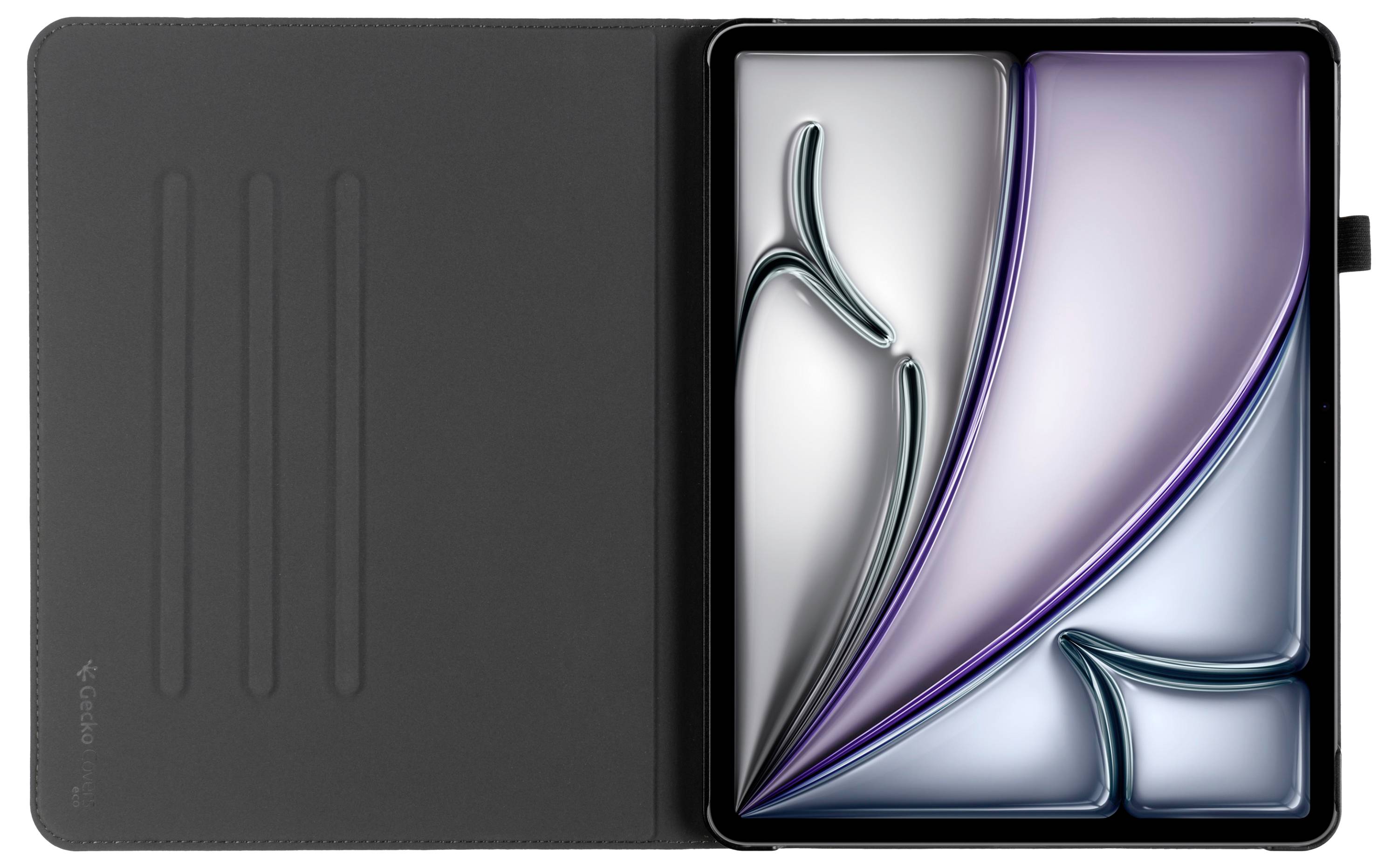 Ein Tablet mit einem abstrakten, geschwungenen Design auf dem Bildschirm wird in einem schwarzen Etui präsentiert, das nach links geöffnet ist und seine elegante Form hervorhebt.