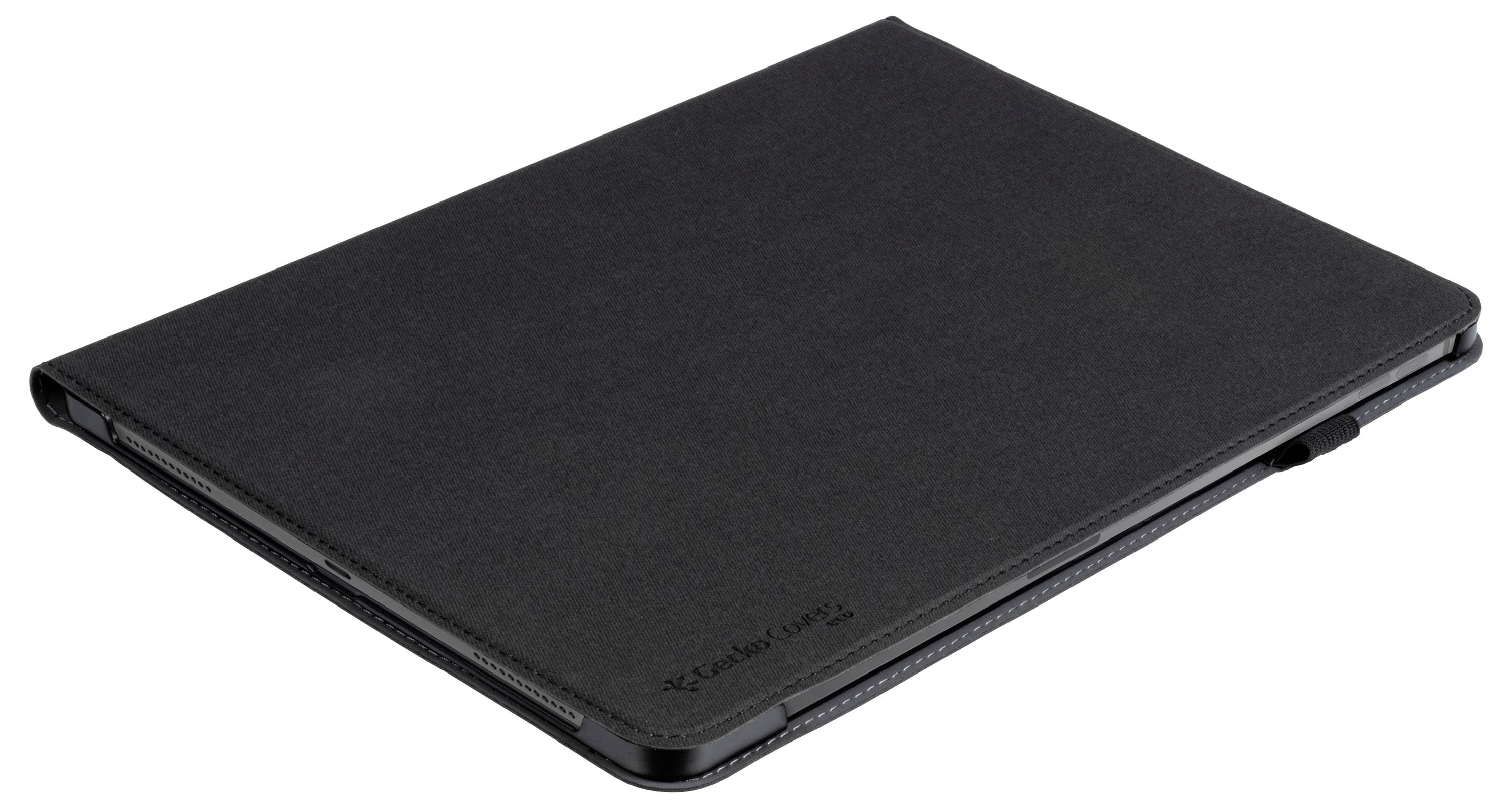 Ein geschlossener schwarzer Tablet-Etui auf weißem Hintergrund, der ein schlankes und minimalistisches Design mit dezenter Markierung zeigt.