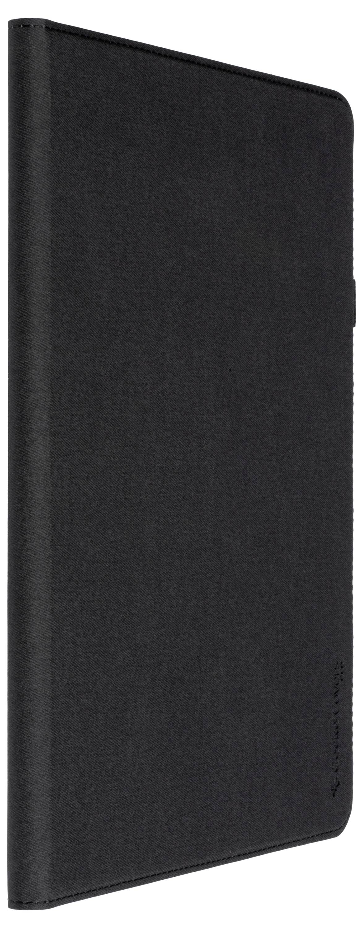 Ein geschlossenes, schwarzes Tablet-Etui mit elegantem Design, von der Seite betrachtet.
