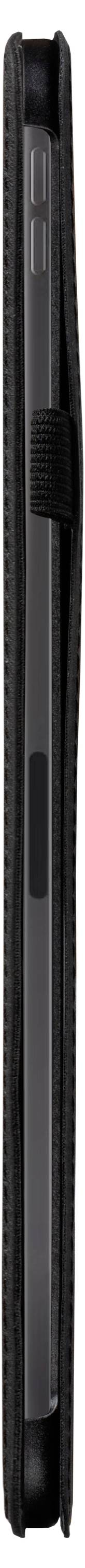 Ein schwarzes und graues elektronisches Gerät in einem schlanken, schützenden Gehäuse, vertikal positioniert, das sein Seitenprofil mit sichtbaren Bedienungstasten präsentiert.