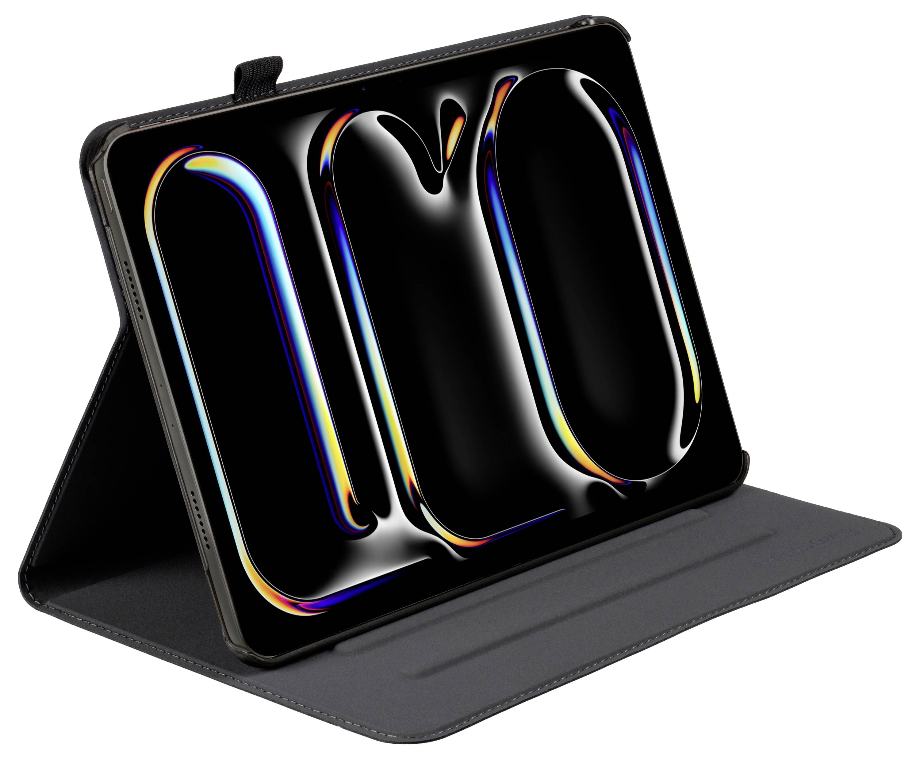 Ein schwarzes Tablet in einem grauen Etui, das ein lebhaftes abstraktes Design mit geschwungenen, farbenfrohen Linien auf einem schwarzen Hintergrund zeigt.