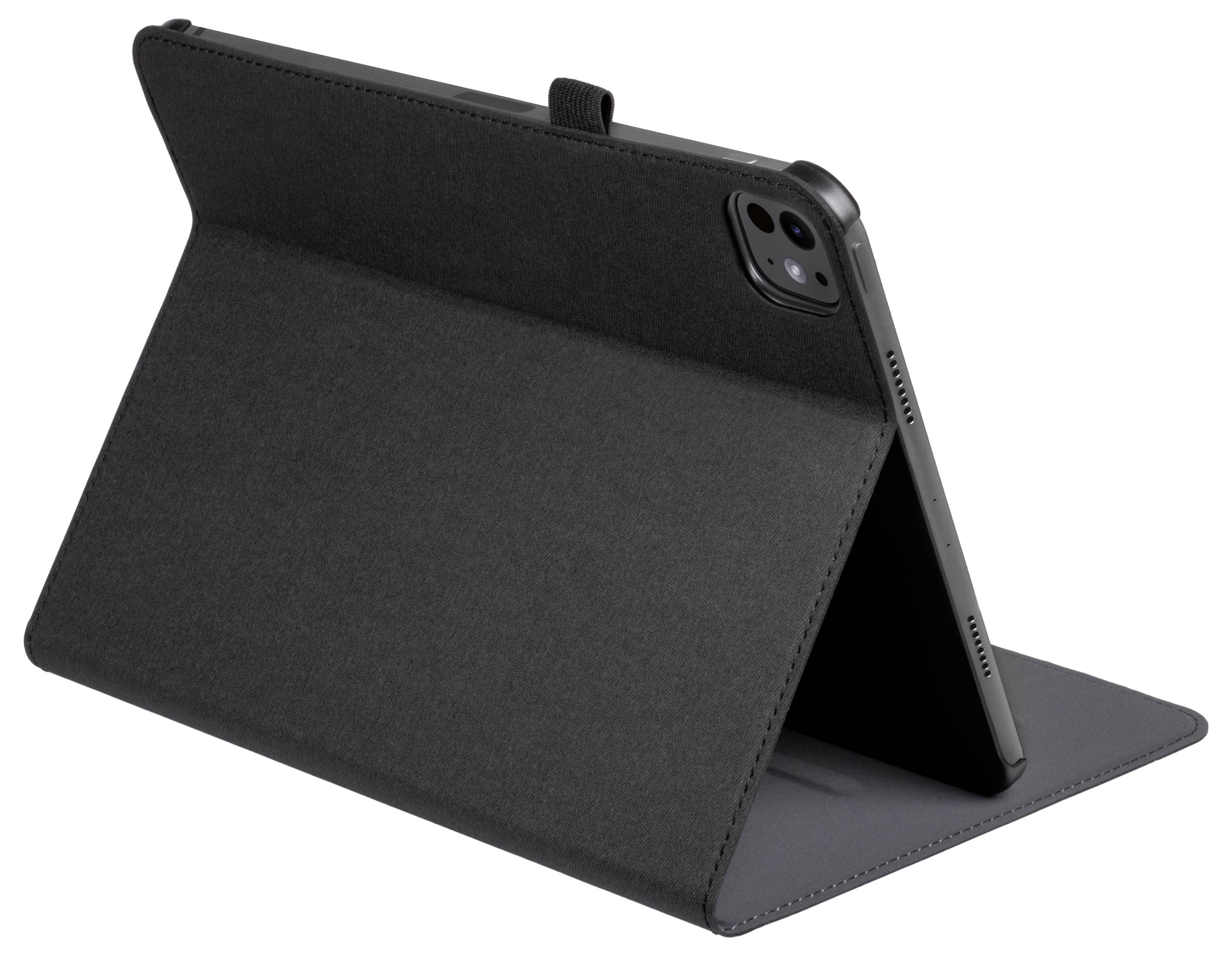 Ein Tablet wird mit einer schwarzen Klappabdeckung aufgestellt, von hinten gezeigt.