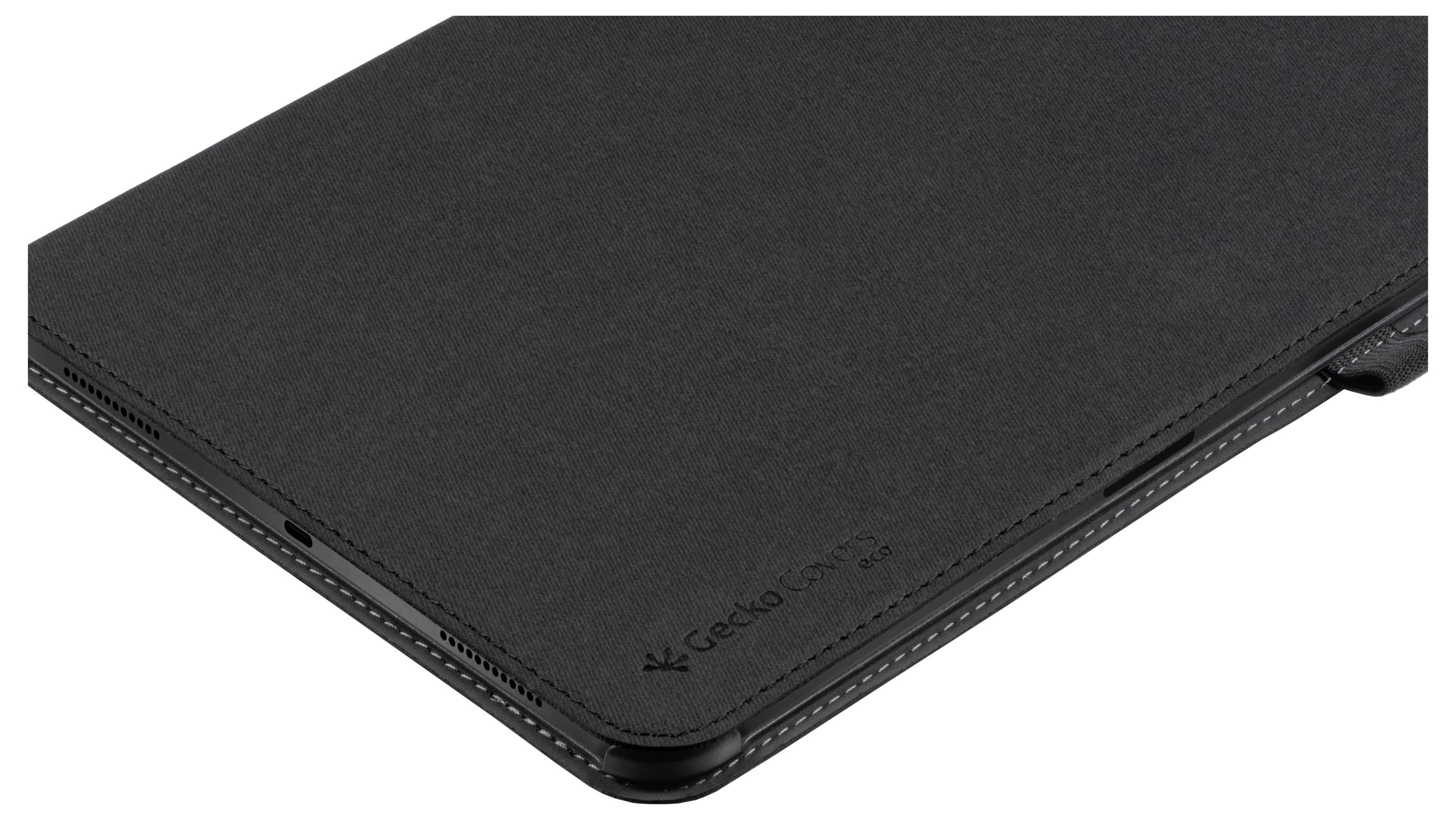 Eine schwarze Tablet-Hülle mit dem 'Gecko'-Logo, das in der unteren rechten Ecke geprägt ist, mit einem schlanken Design und sicherem Verschluss.