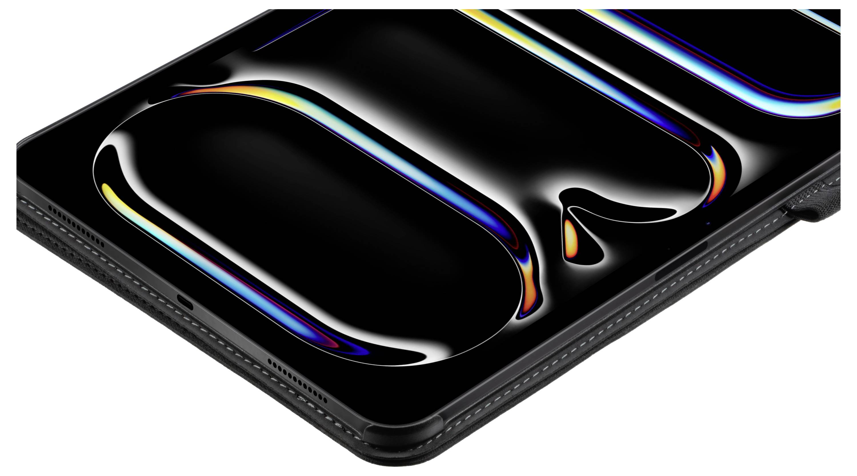 Ein Smartphone mit einer glänzenden schwarzen Oberfläche, die lebendige, wellenförmige Muster in Farben wie Blau, Rot und Gelb aufweist. Das Telefon wird aus einem Winkel betrachtet.