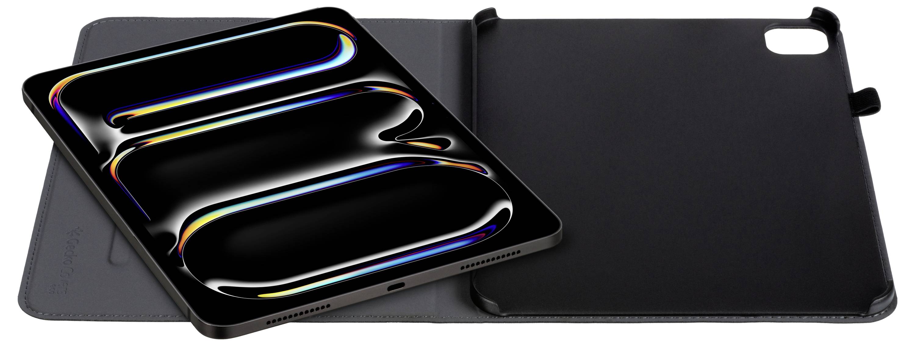 Ein Tablet mit einem lebendigen, abstrakten Neon-Design auf dem Bildschirm liegt teilweise auf einem geöffneten schwarzen Etui. Das Etui liegt flach auf einer weißen Oberfläche.