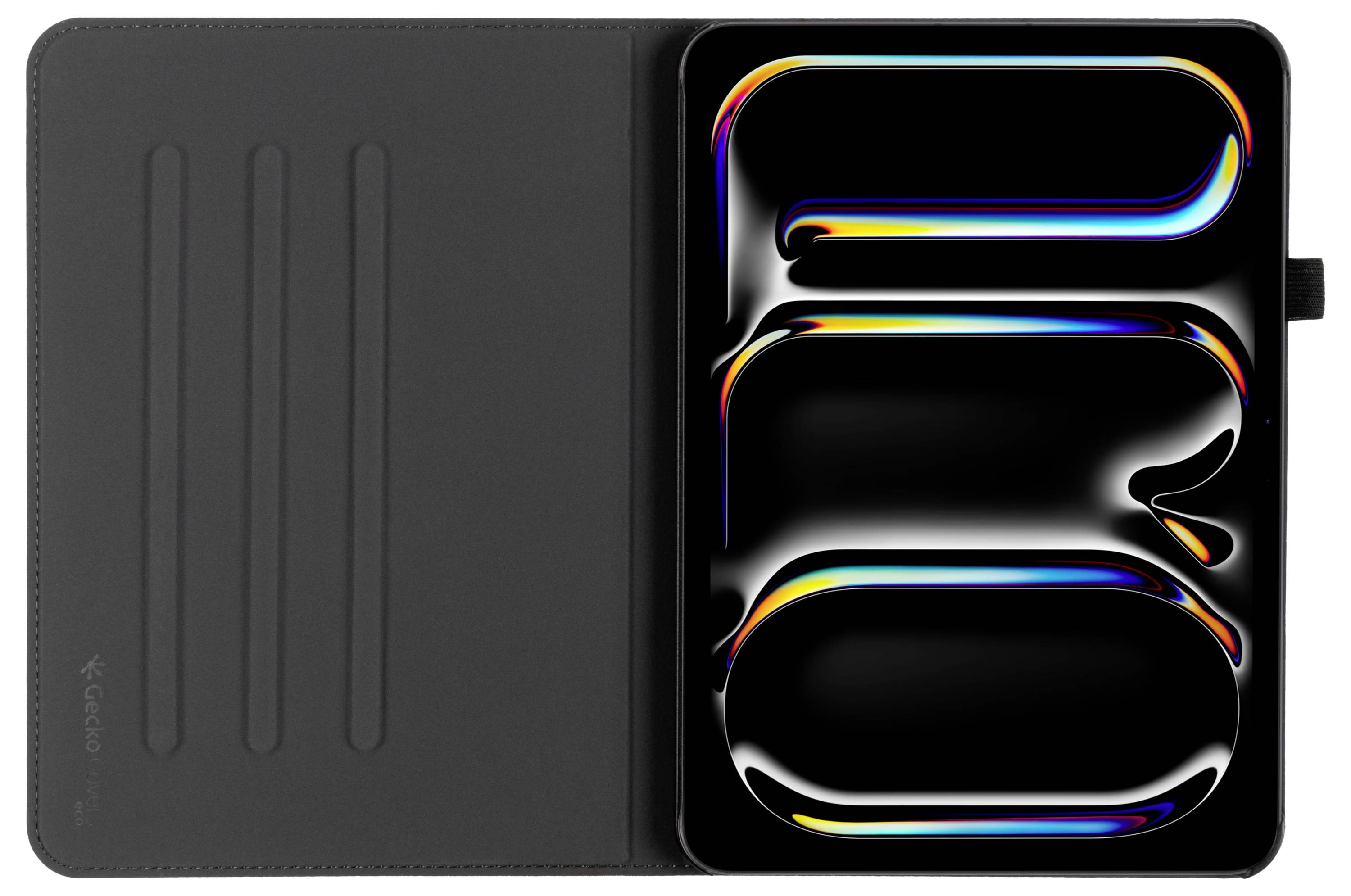 Ein Tablet mit einem farbenfrohen, abstrakten Muster auf seinem Bildschirm ist in eine schwarze Schutzhülle eingelegt.