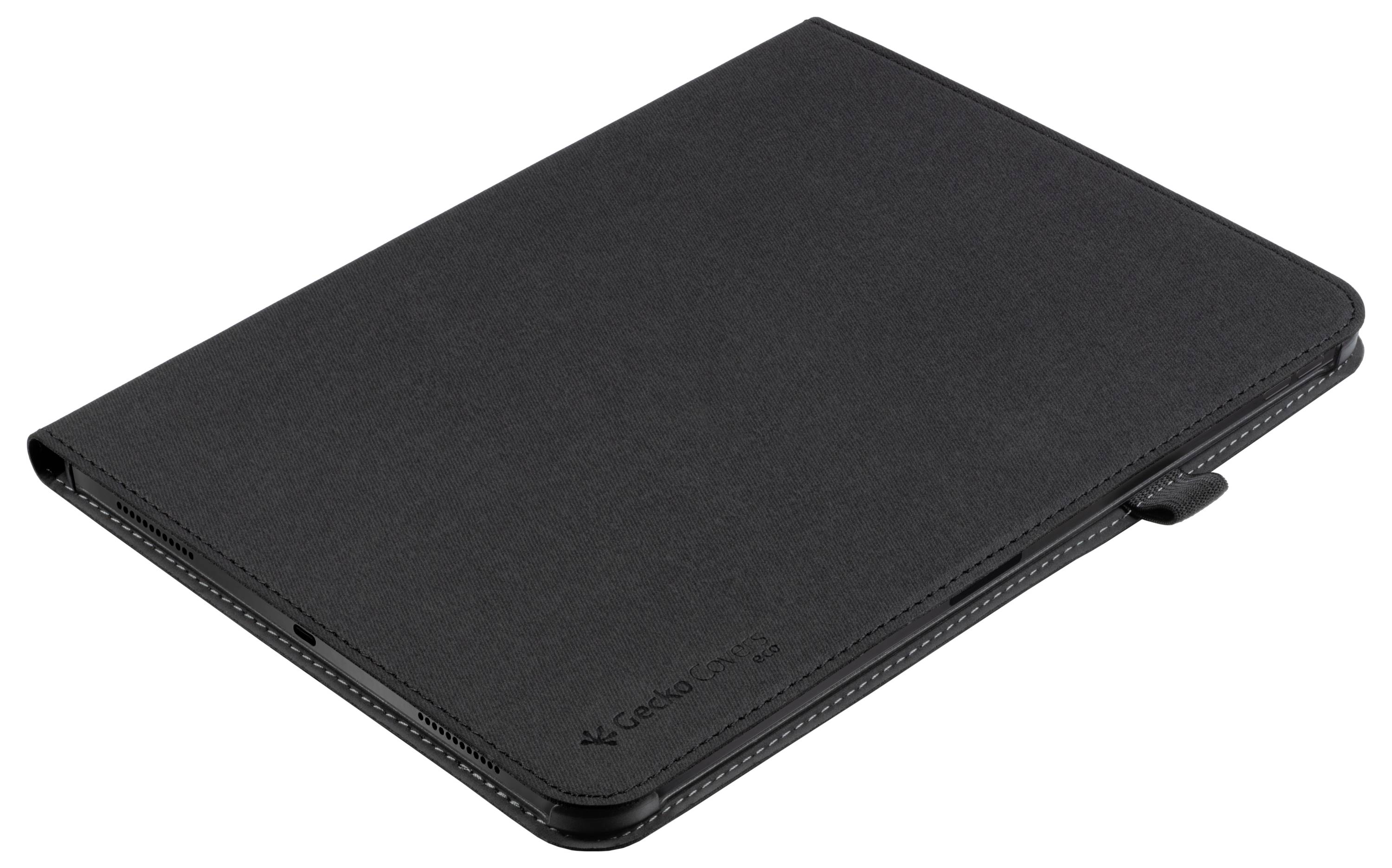 Eine schwarze Lederhülle für ein iPad Mini, aus einem leicht erhöhten Blickwinkel betrachtet, die ihr schlankes und minimalistisches Design zur Geltung bringt.