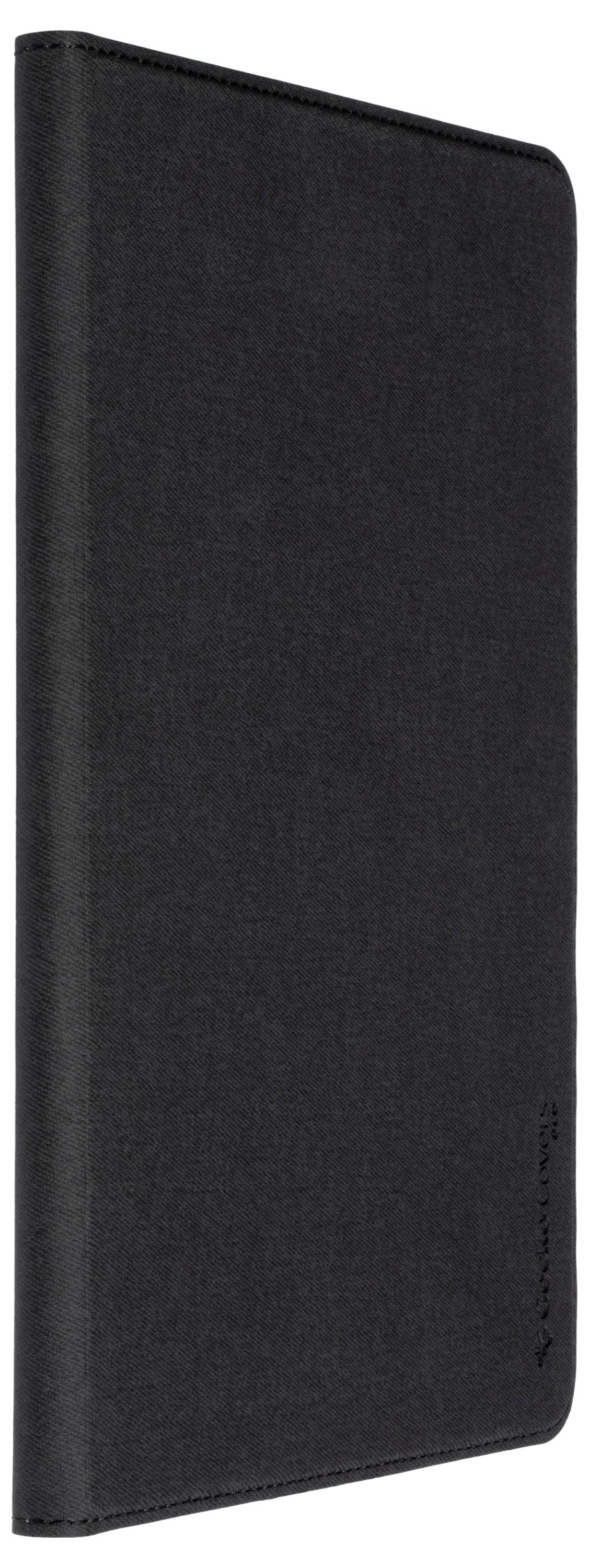 Eine elegante schwarze Tablet-Hülle mit strukturierter Oberfläche und dezenten Markierungen am Rand, entwickelt für optimalen Schutz.