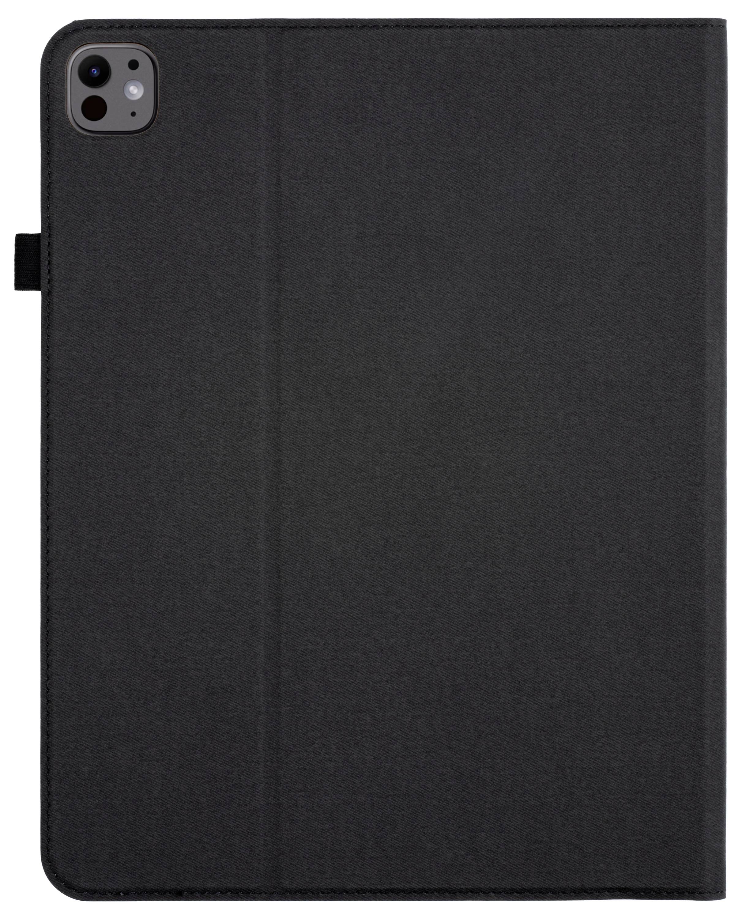 Schwarze Tablet-Hülle mit Kameraausschnitt oben links. Die Hülle ist geschlossen und hat eine weiche, texturierte Oberfläche.