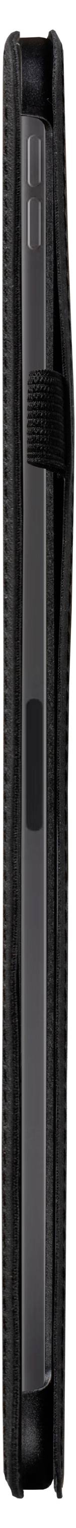 Ein schlanker, schwarzer Stift wird sicher in einer schwarzen Stoffschlaufe gehalten, der von der Seite seine elegante Gestaltung zur Geltung bringt.