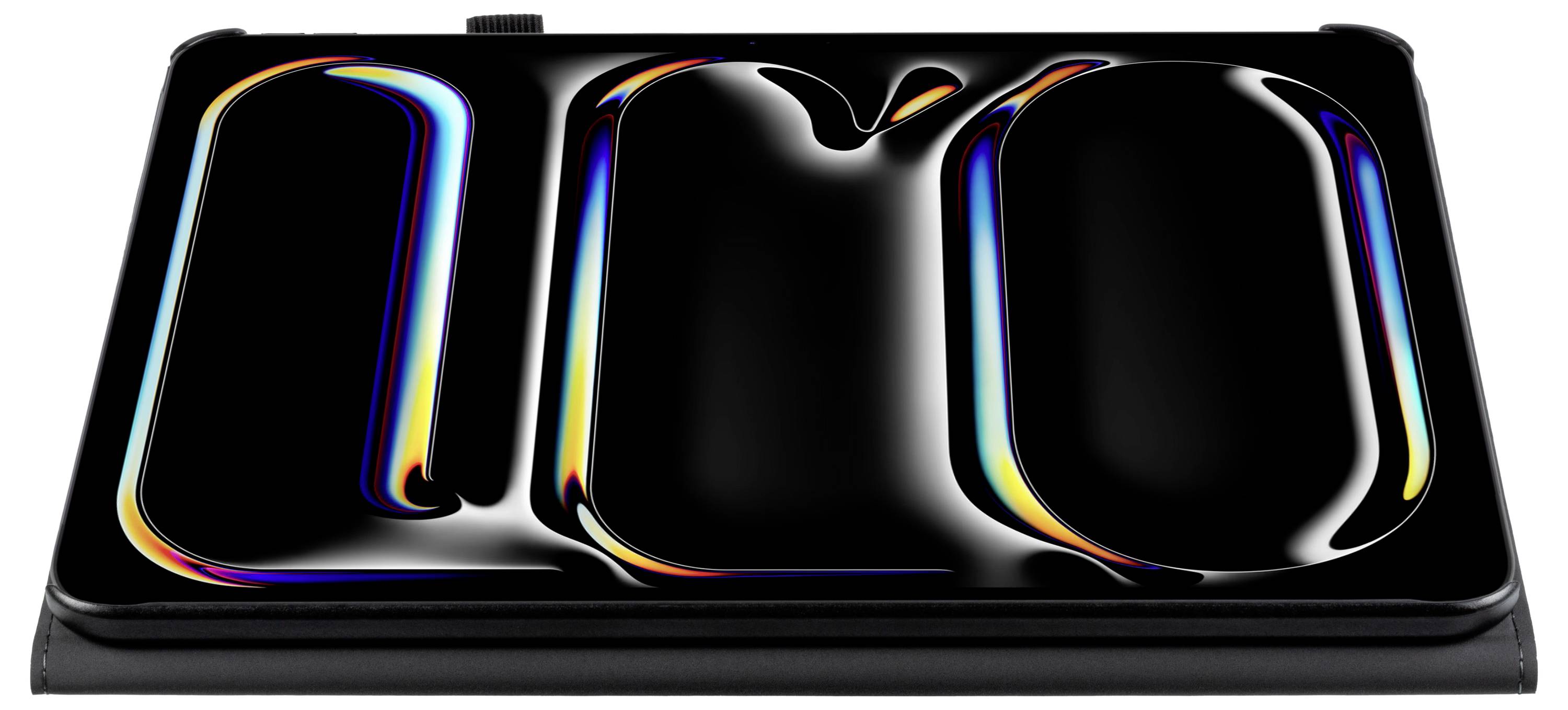 Eine schwarze Hülle mit abstrakten, regenbogenartigen Brechungsmustern auf ihrer Oberfläche, die einen visuellen Effekt ähnlich dem von Licht erzeugten Lichtspiel nachahmt.