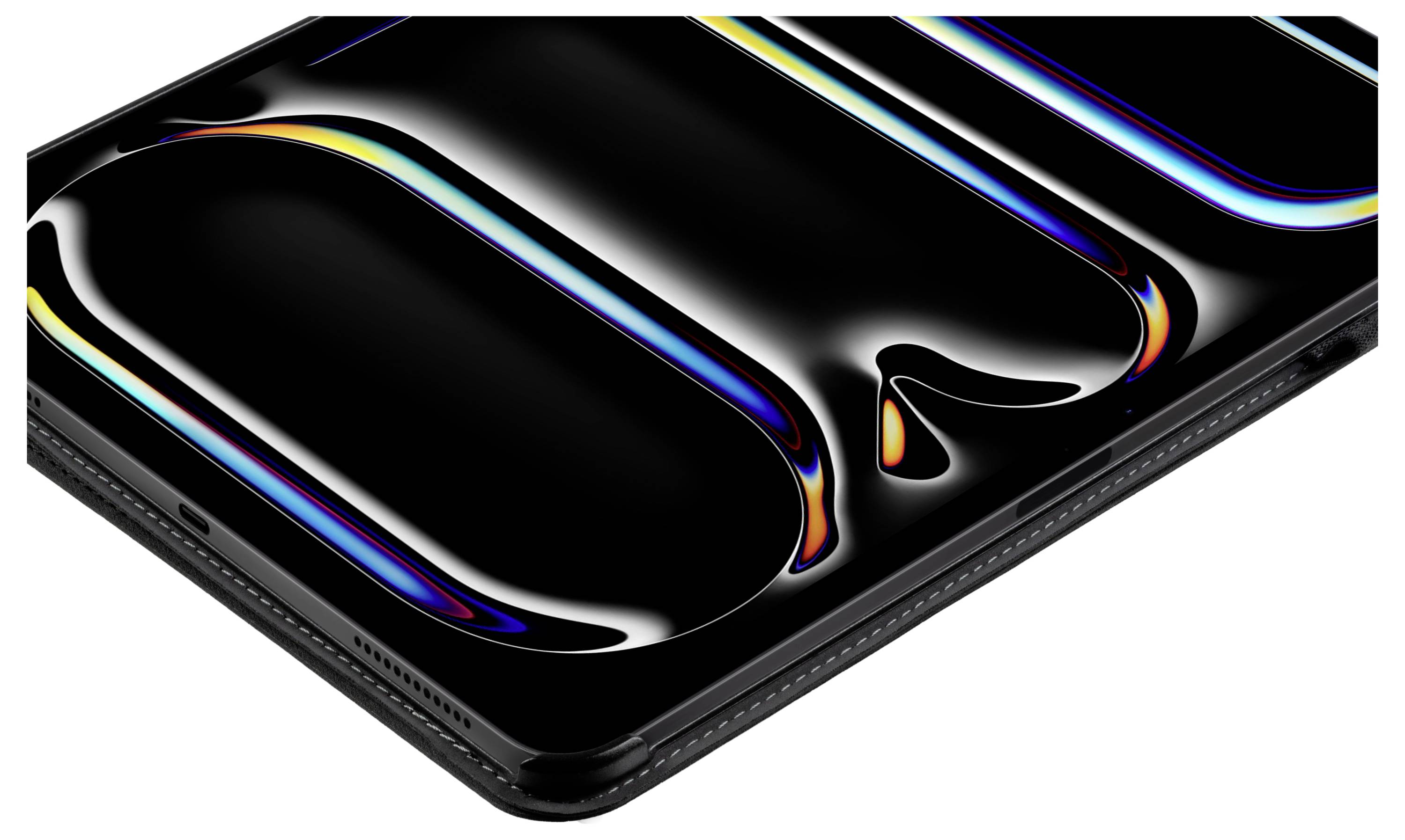 Nahaufnahme eines Smartphone-Bildschirms mit abstrakten, wirbelnden Farben, hauptsächlich Schwarz mit Anklängen von Neonblau, Orange und Gelb. Der Rand des Telefons ist sichtbar.