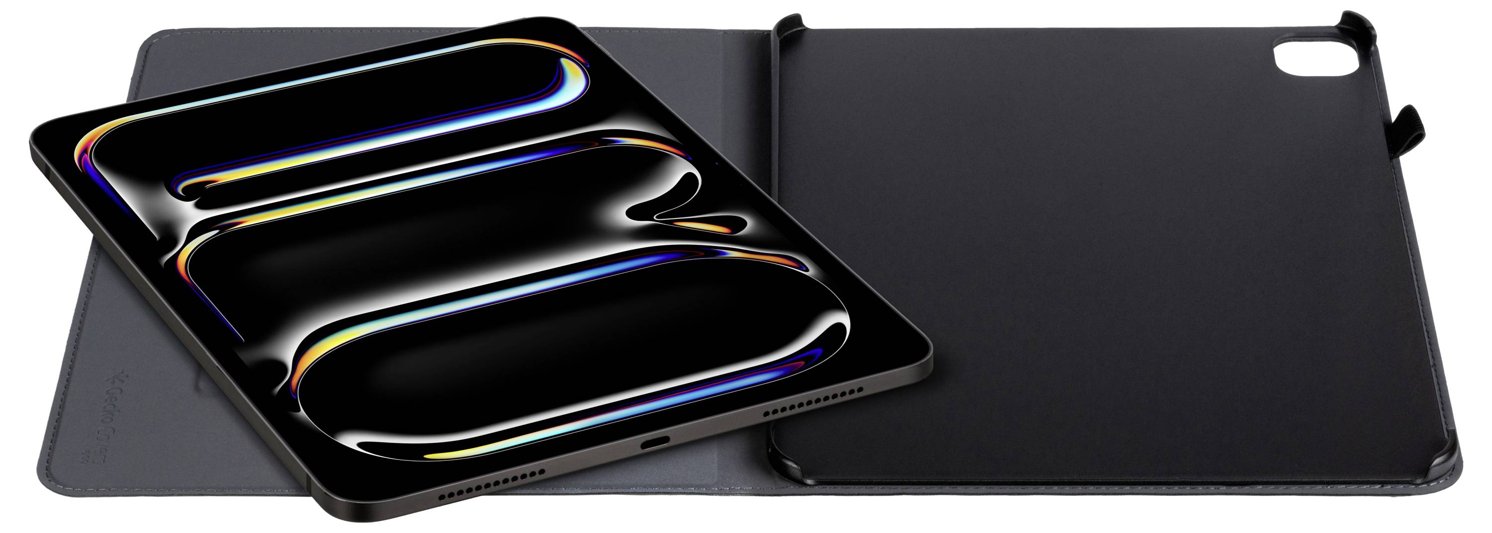 Ein offenes schwarzes Tablet-Etui mit einem bunten, reflektierenden Tablet-Bildschirm, der abstrakte Lichtmuster zeigt, auf der linken Seite platziert.
